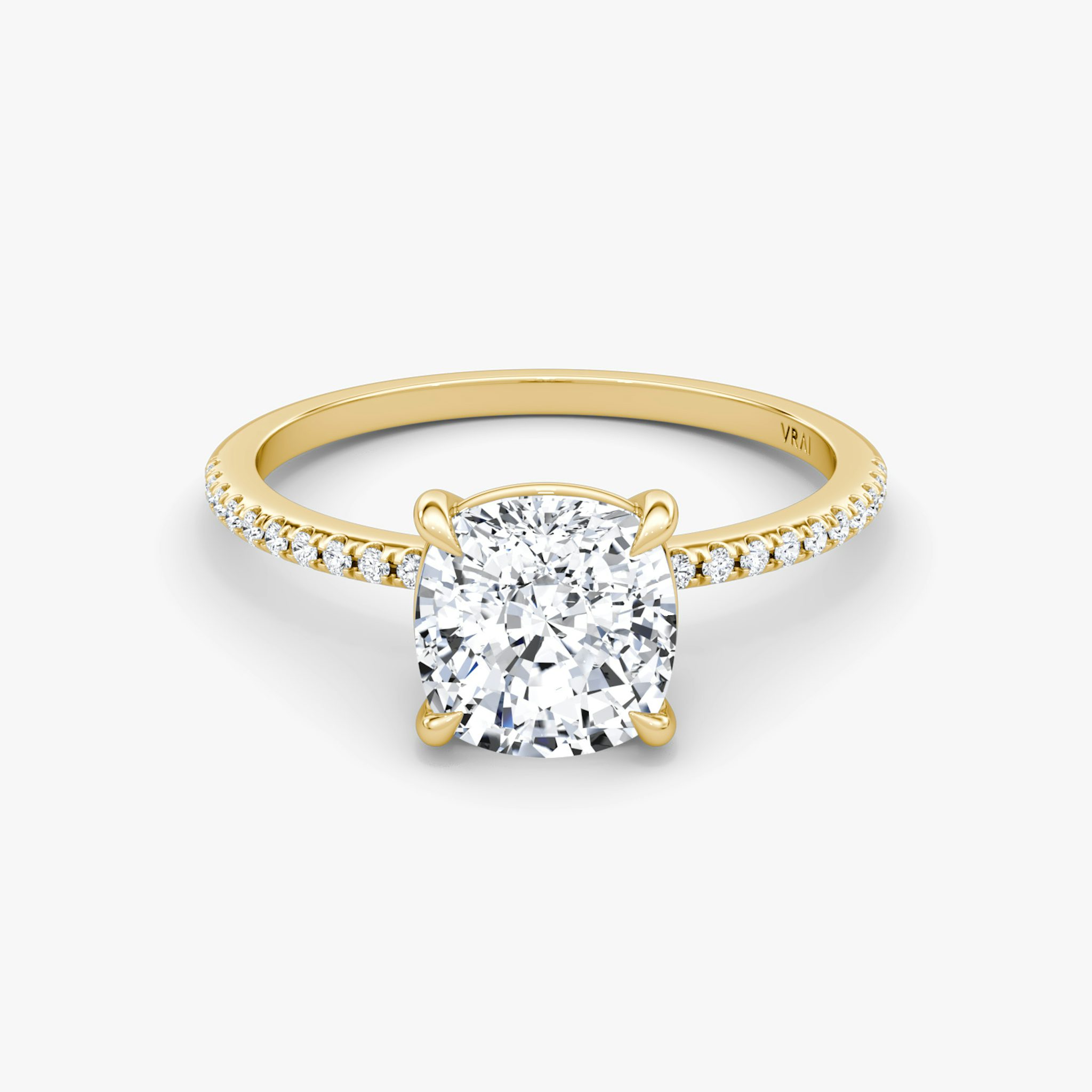 The Petite 4-Prong Solitaire | Cushion | 18k | Yellow Gold | bandAccent: Pavé | diamondOrientation: vertical | caratWeight: other