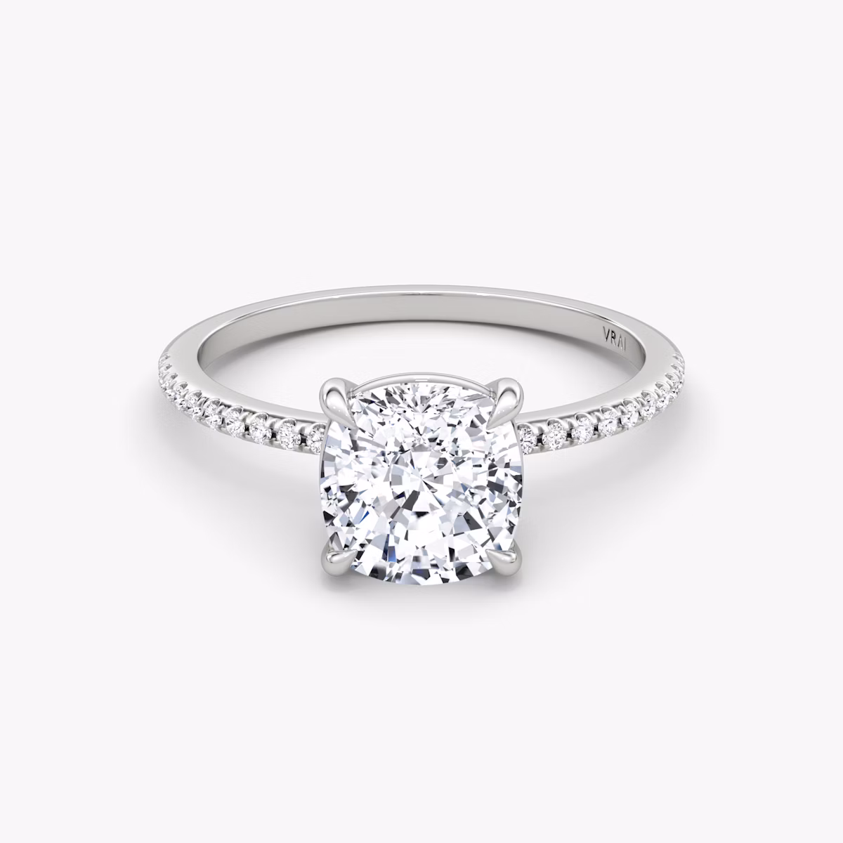 The Petite 4-Prong Solitaire | Cushion | 18k | White Gold | bandAccent: Pavé | diamondOrientation: vertical | caratWeight: other