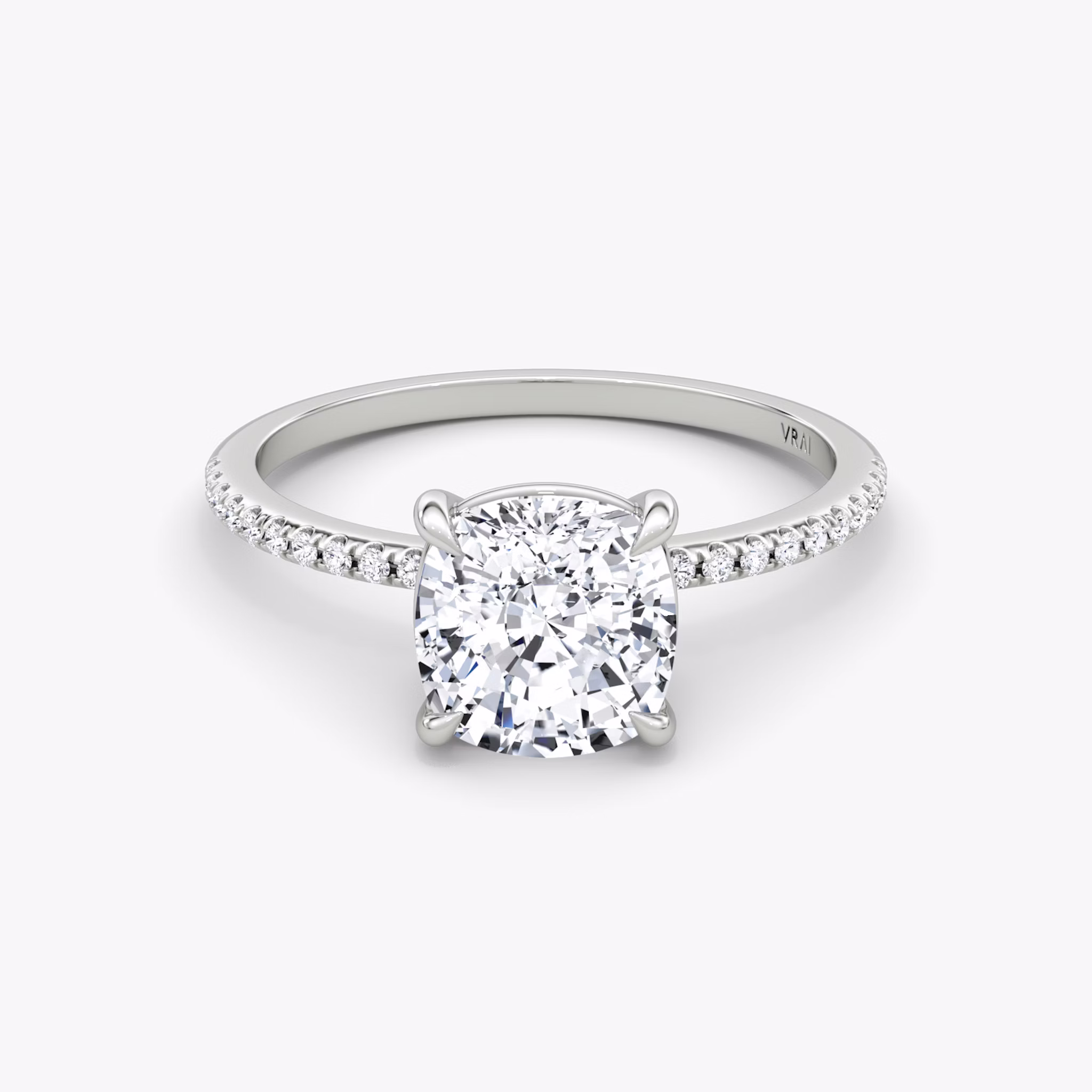 The Petite 4-Prong Solitaire | Cushion | Platinum | bandAccent: Pavé | diamondOrientation: vertical | caratWeight: other