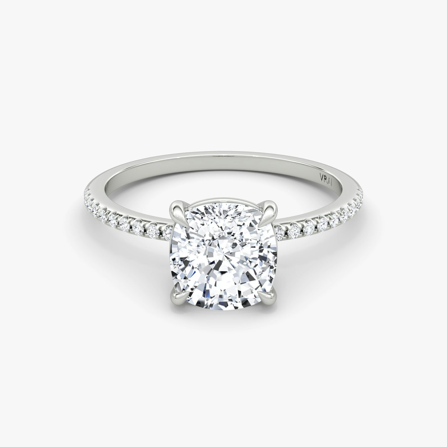 The Petite 4-Prong Solitaire | Cushion | 18k | White Gold | bandAccent: Pavé | diamondOrientation: vertical | caratWeight: other