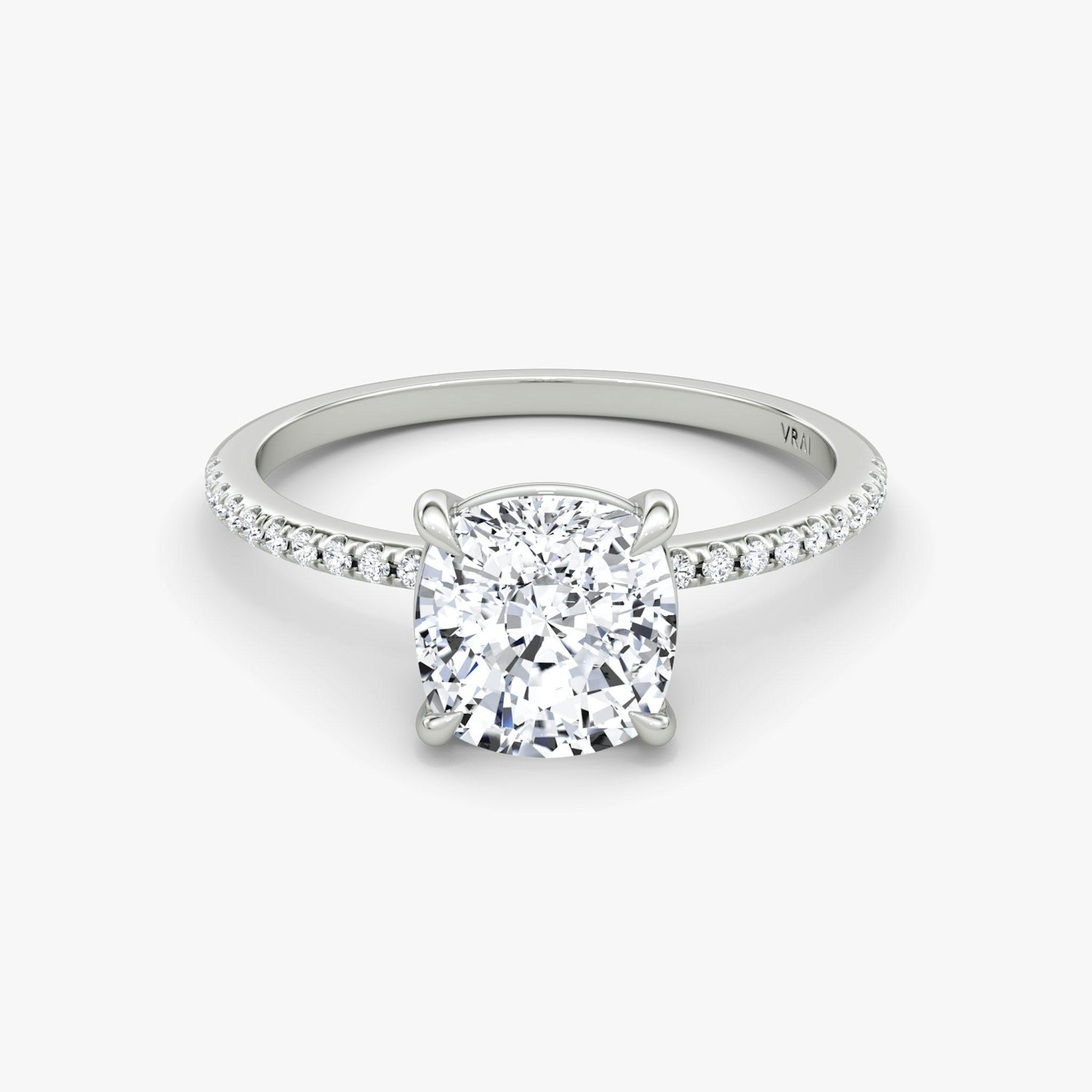 The Petite 4-Prong Solitaire | Cushion | Platinum | bandAccent: Pavé | diamondOrientation: vertical | caratWeight: other