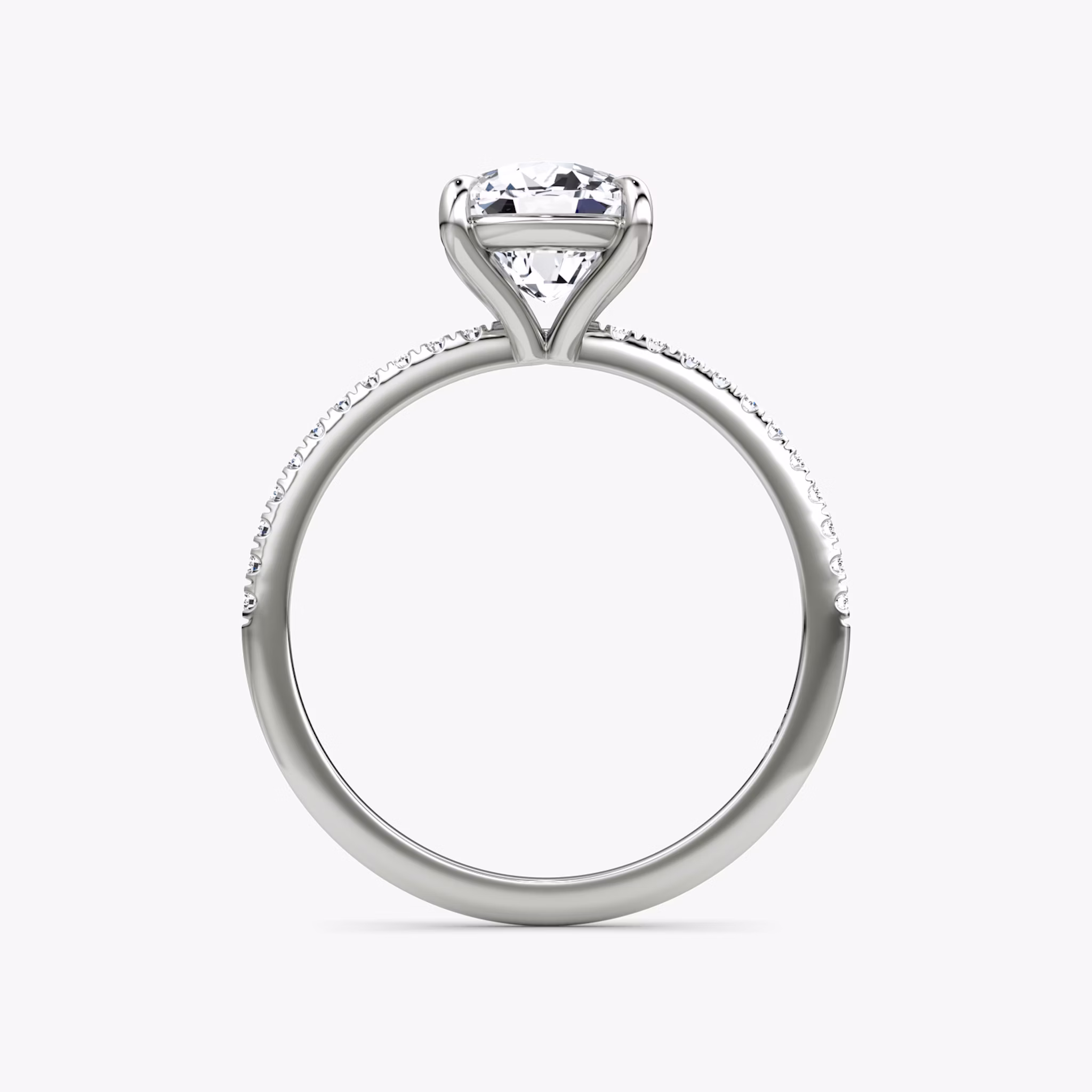 The Petite 4-Prong Solitaire | Cushion | Platinum | bandAccent: Pavé | diamondOrientation: vertical | caratWeight: other