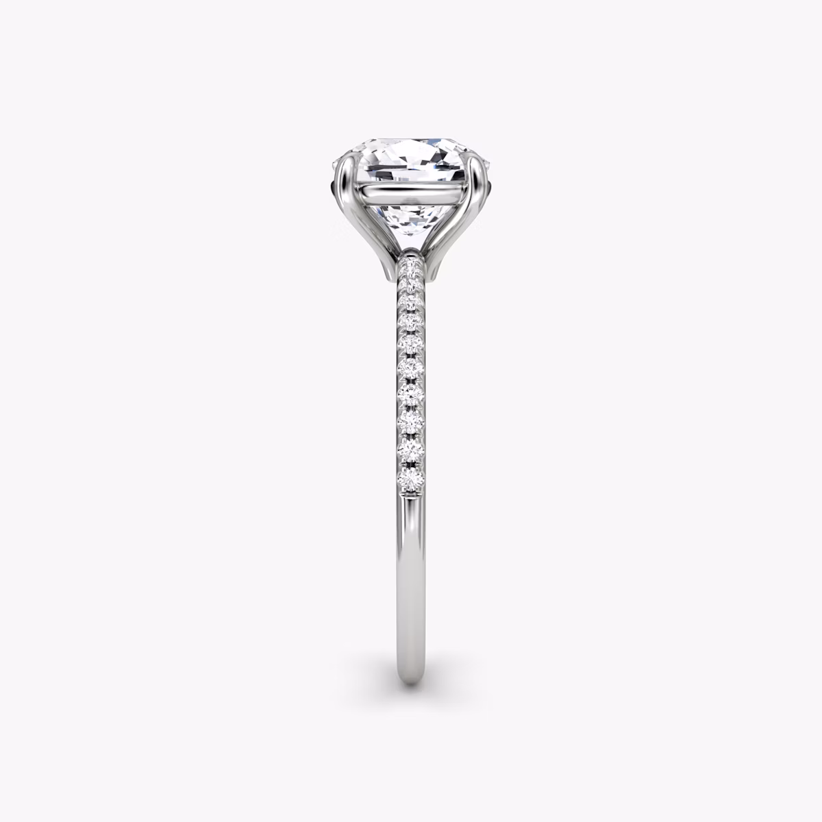 The Petite 4-Prong Solitaire | Cushion | 18k | White Gold | bandAccent: Pavé | diamondOrientation: vertical | caratWeight: other