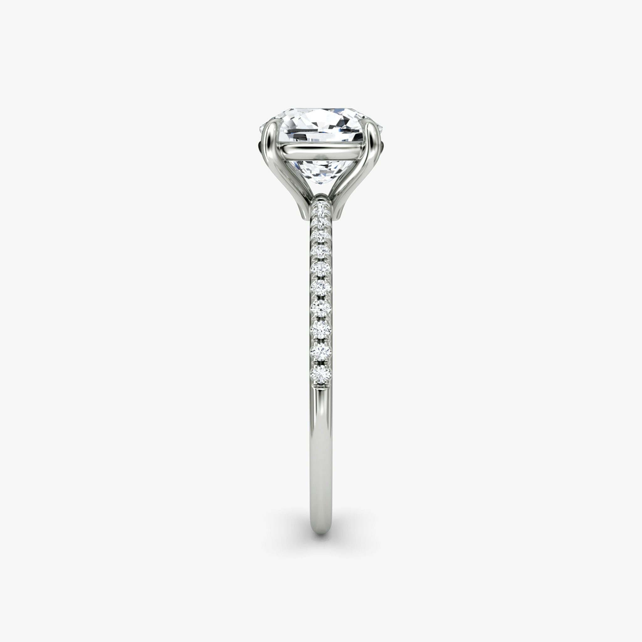 The Petite 4-Prong Solitaire | Cushion | Platinum | bandAccent: Pavé | diamondOrientation: vertical | caratWeight: other