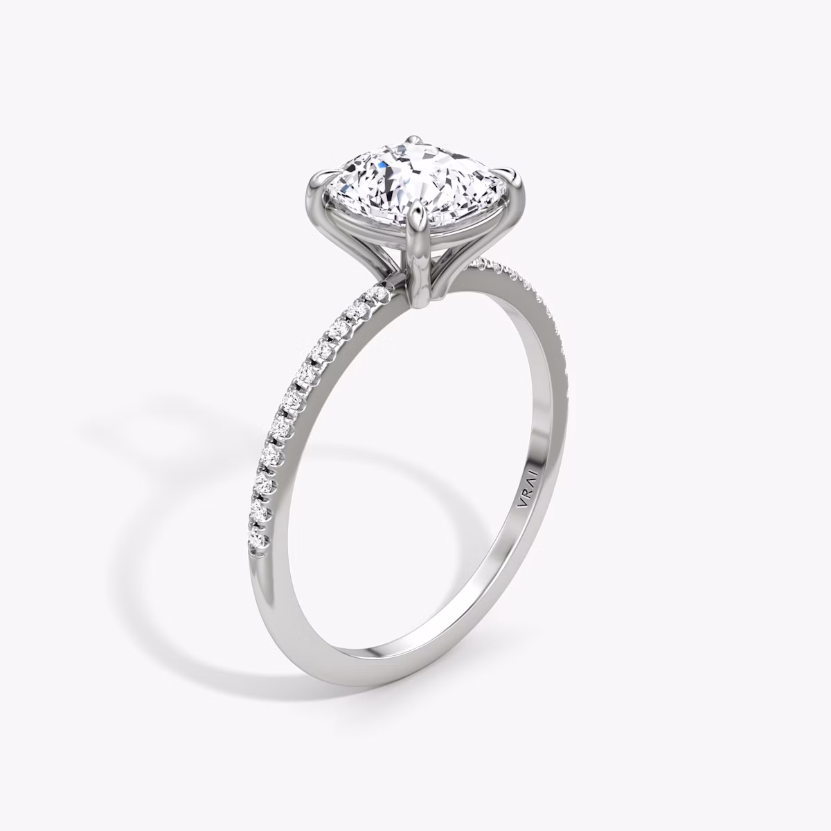 The Petite 4-Prong Solitaire | Cushion | 18k | White Gold | bandAccent: Pavé | diamondOrientation: vertical | caratWeight: other