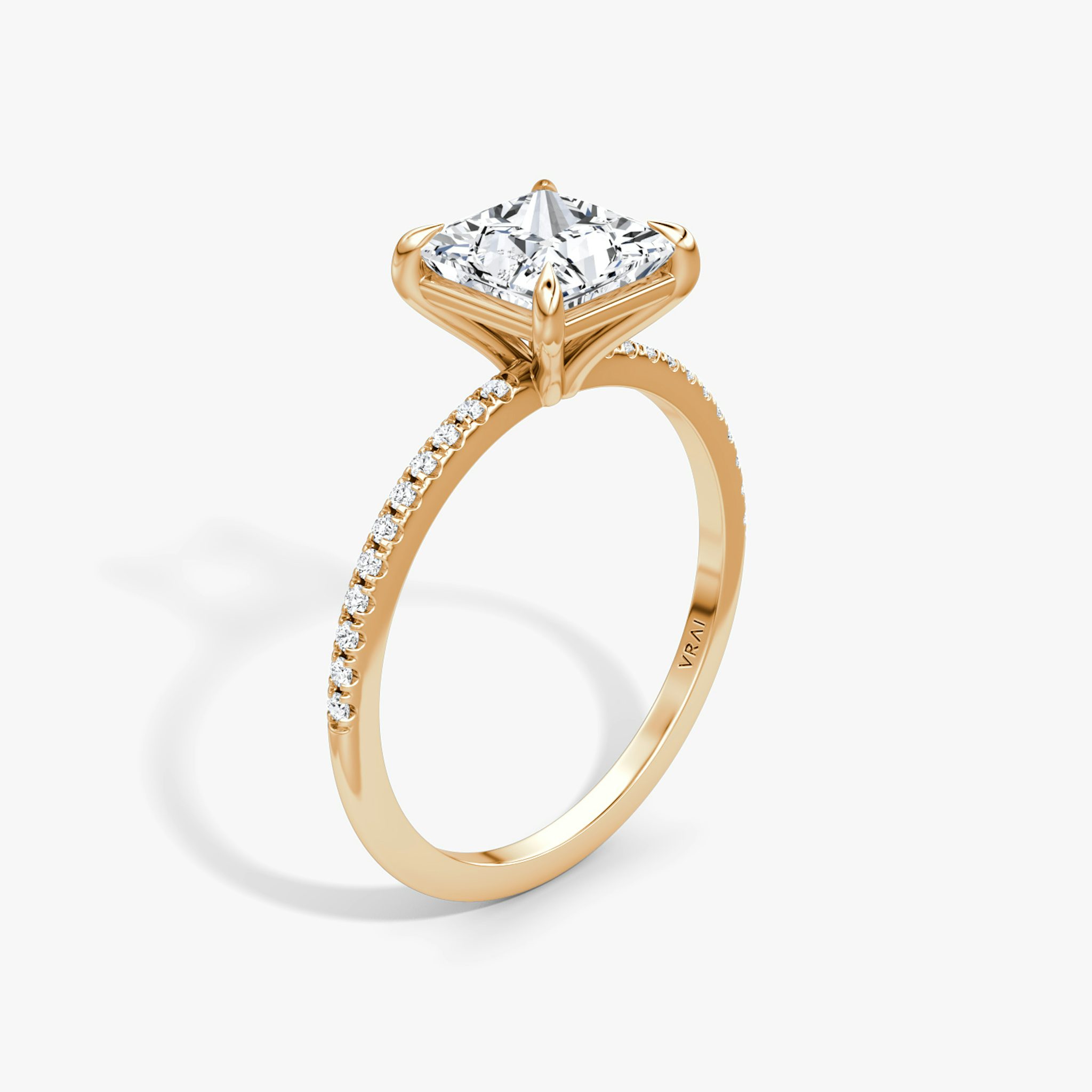 The Petite 4-Prong Solitaire | Princess | 14k | Rose Gold | bandAccent: Pavé | diamondOrientation: vertical | caratWeight: other