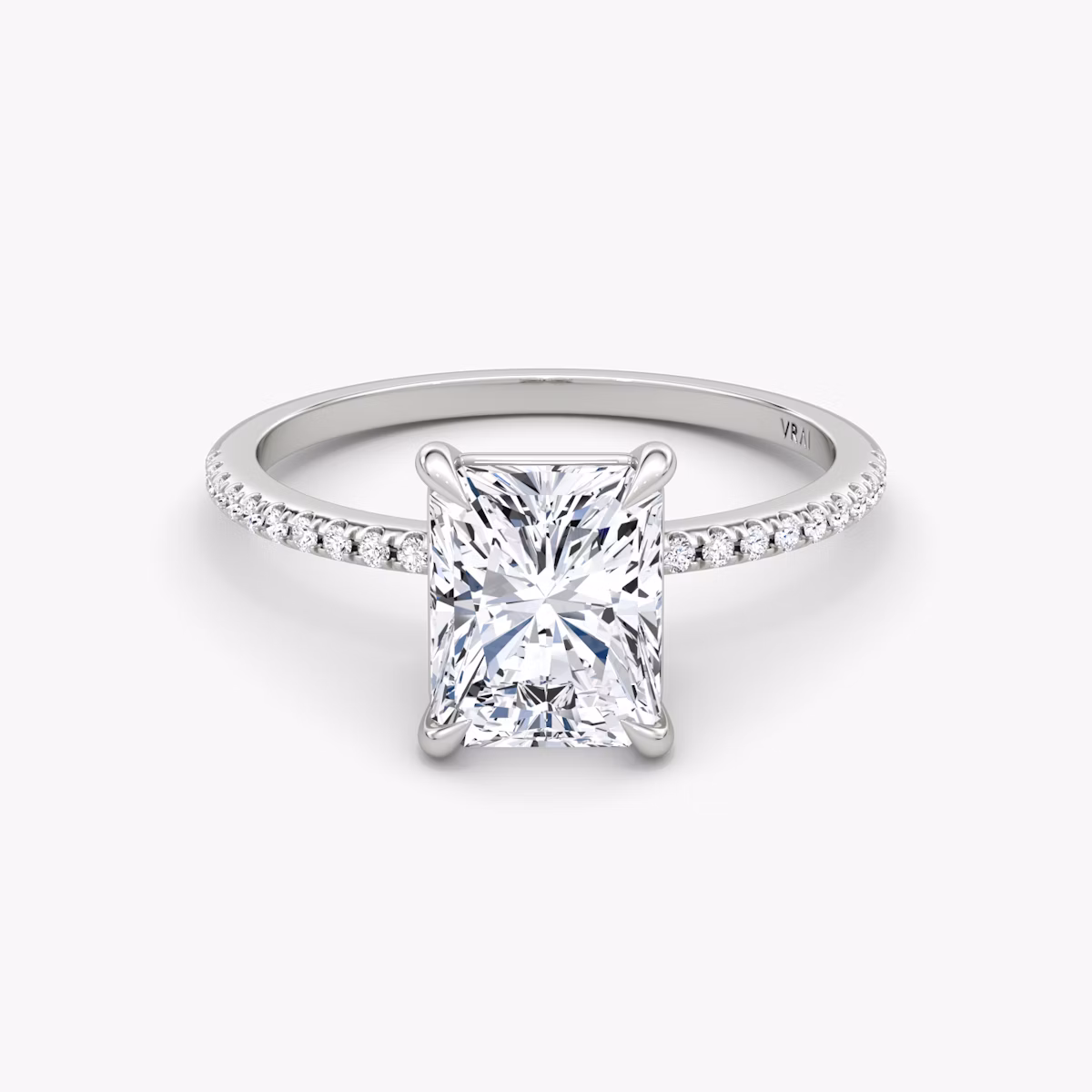 The Petite 4-Prong Solitaire | Radiant | 18k | White Gold | bandAccent: Pavé | diamondOrientation: vertical | caratWeight: other