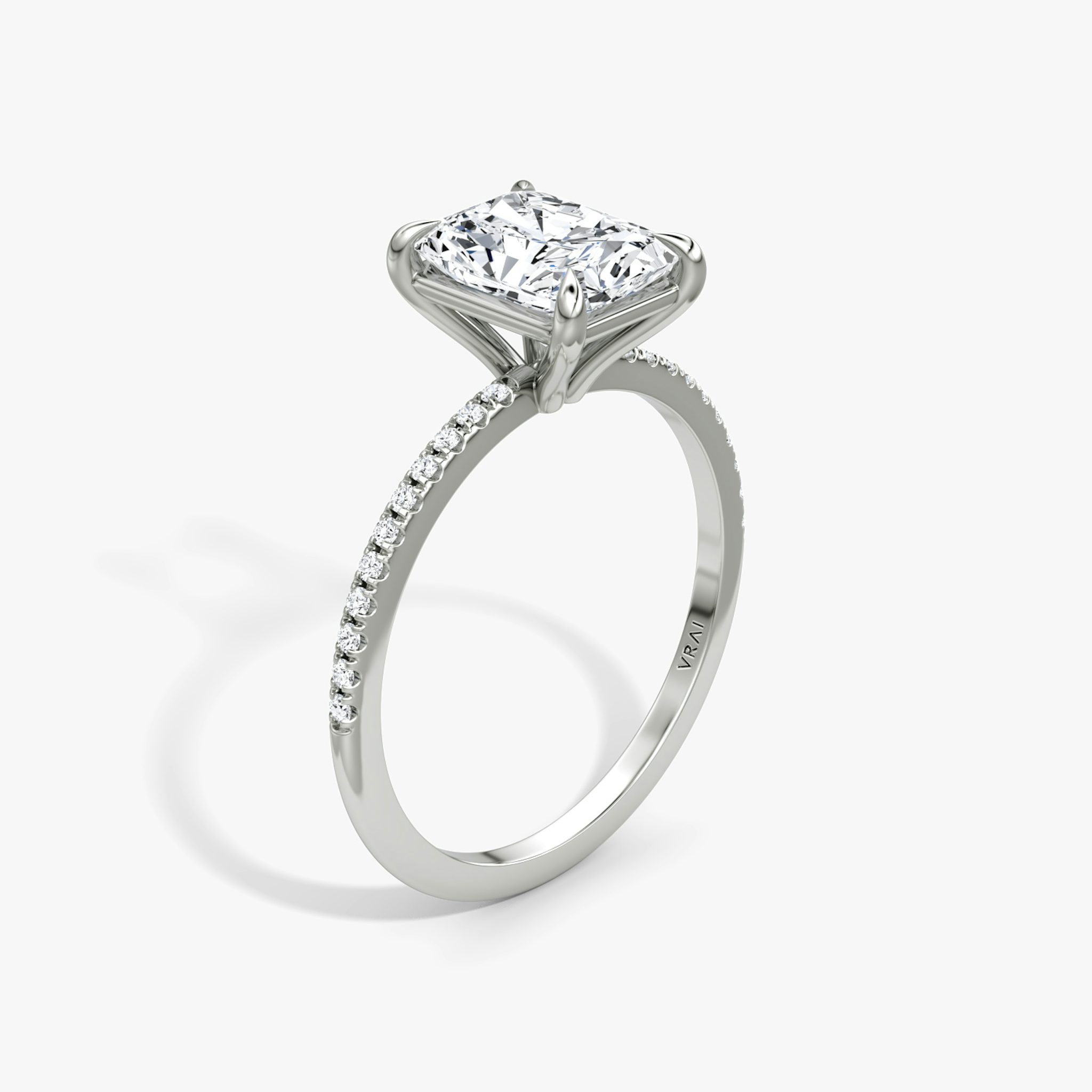 The Petite 4-Prong Solitaire | Radiant | Platinum | bandAccent: Pavé | diamondOrientation: vertical | caratWeight: other