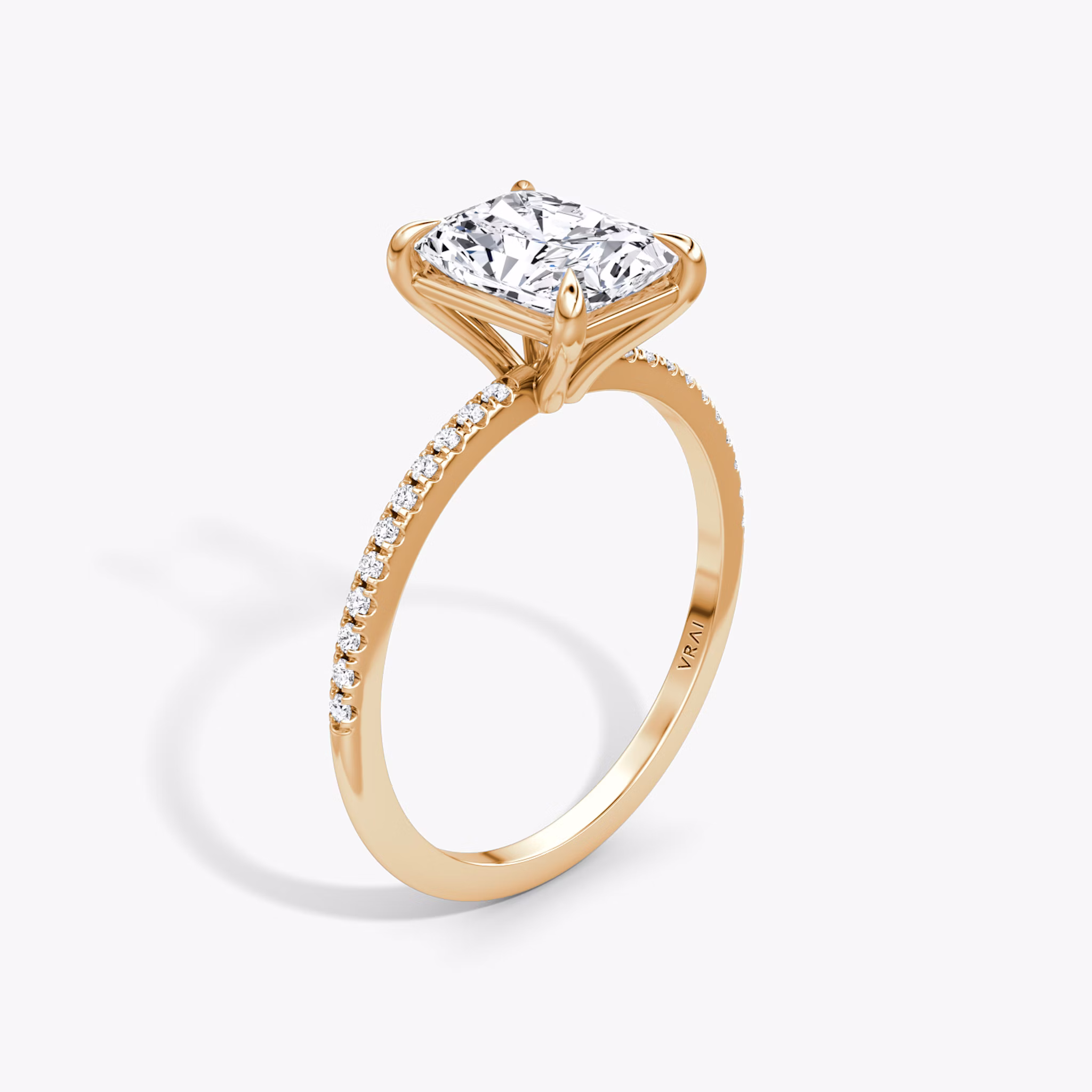 The Petite 4-Prong Solitaire | Radiant | 14k | Rose Gold | bandAccent: Pavé | diamondOrientation: vertical | caratWeight: other