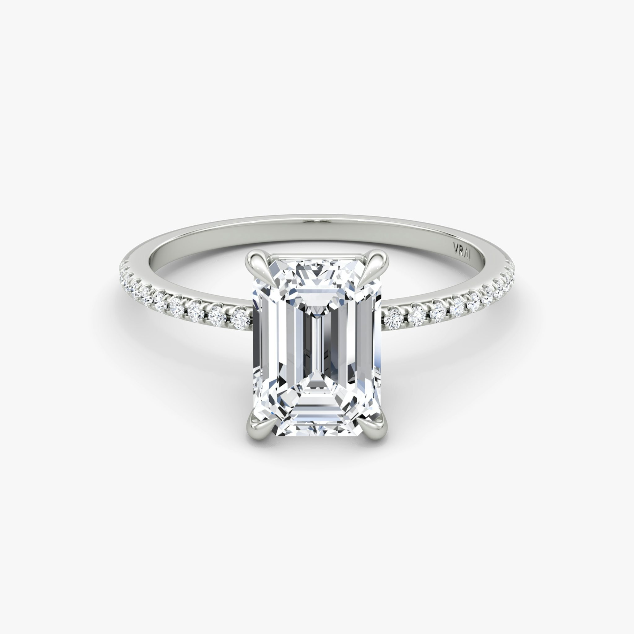 The Petite 4-Prong Solitaire | Emerald | Platinum | bandAccent: Pavé | diamondOrientation: vertical | caratWeight: other