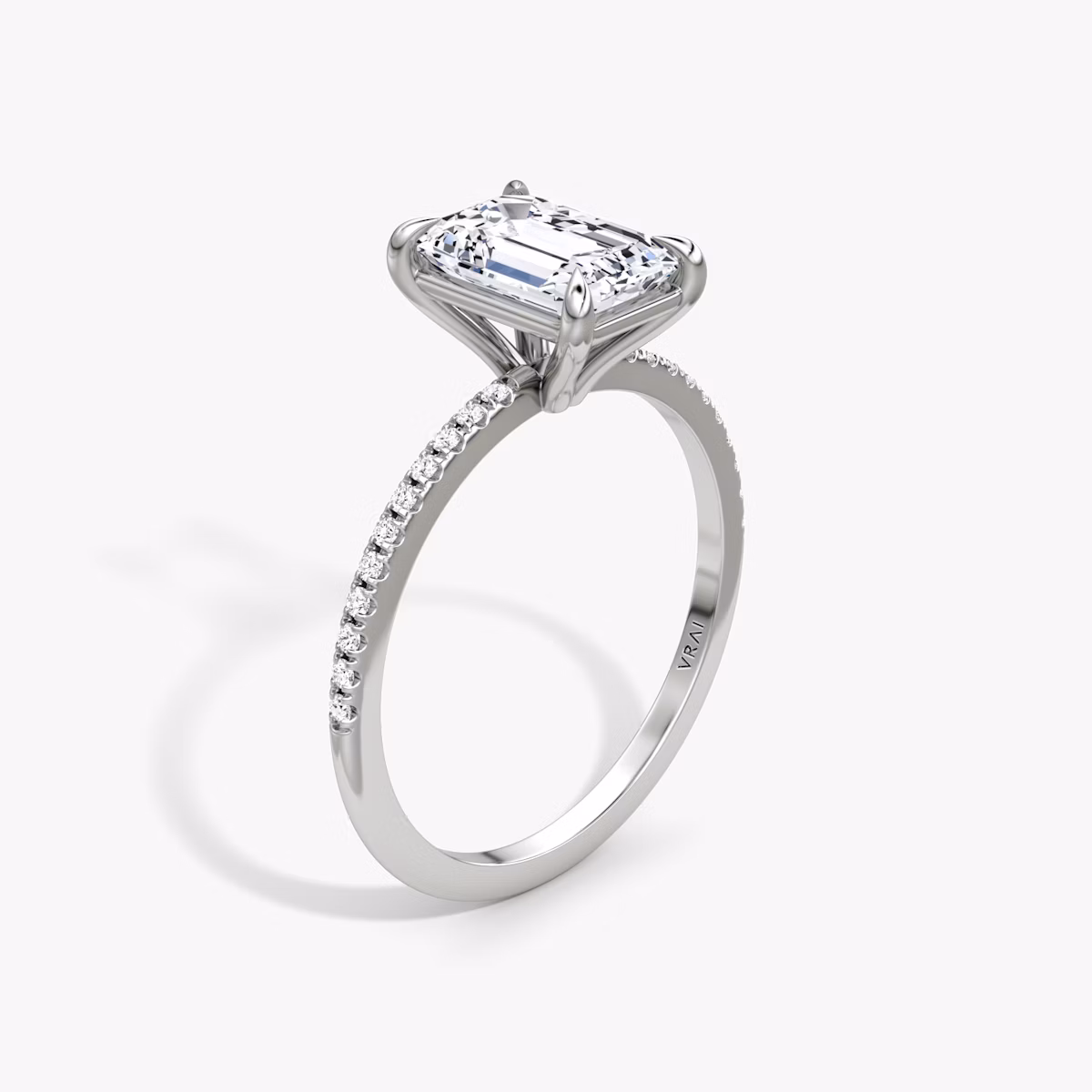 The Petite 4-Prong Solitaire | Emerald | 18k | White Gold | bandAccent: Pavé | diamondOrientation: vertical | caratWeight: other