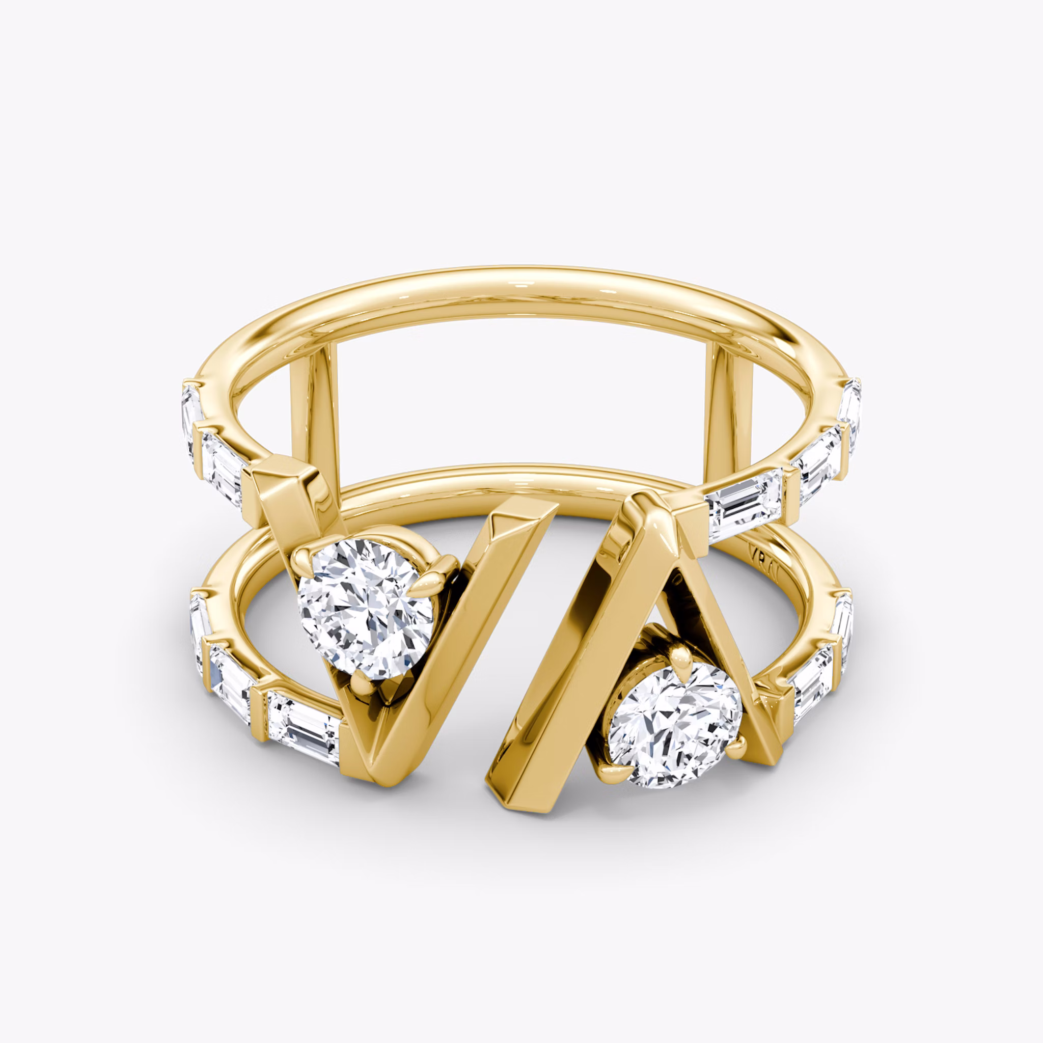 VRAI V Double Row Ring | Rund | 14k | Gelbgold | bandAccent: Mit Pavé-Besatz | bandStoneShape: Baguette | diamondSize: original
