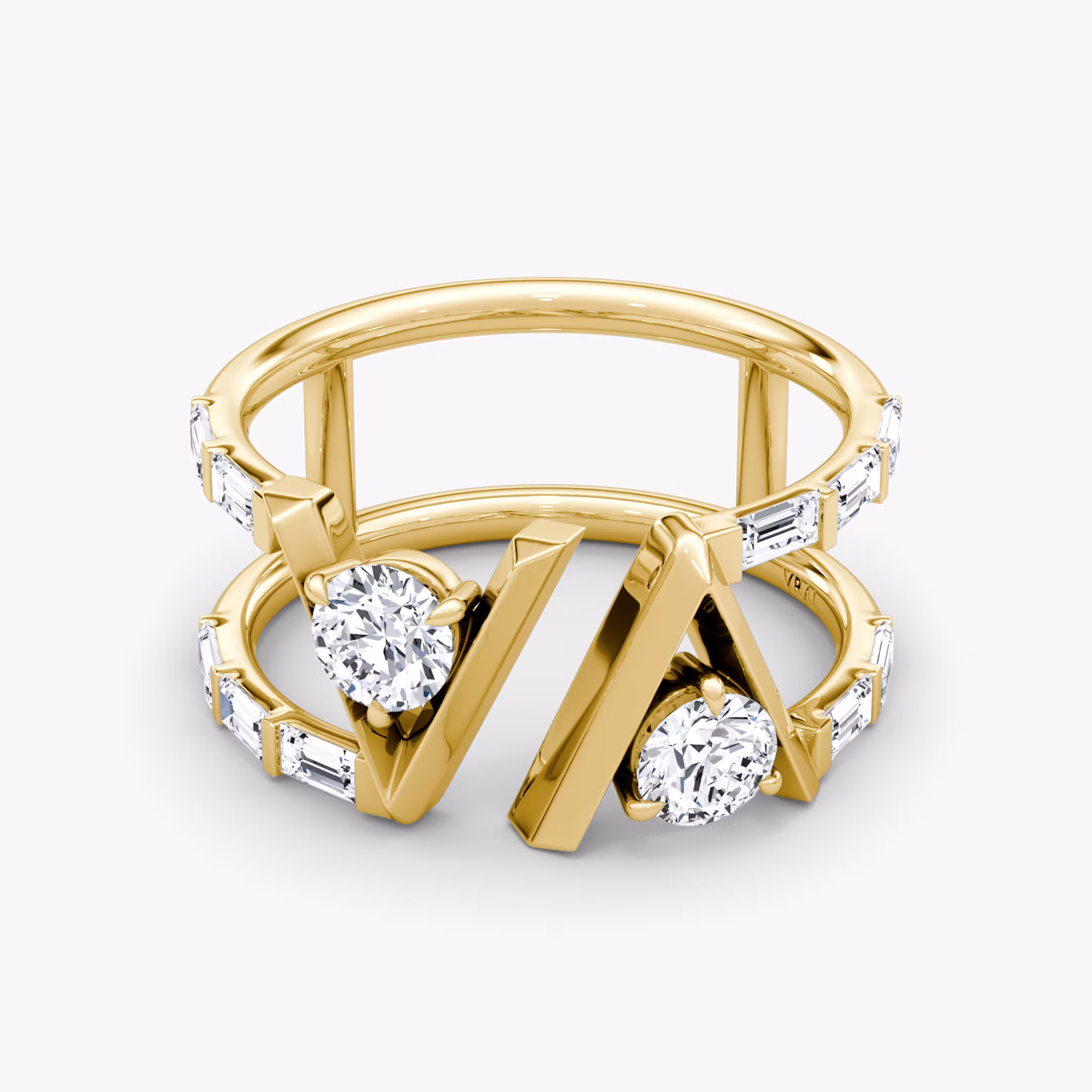 VRAI V Double Row Ring | Rund | 14k | Gelbgold | bandAccent: Mit Pavé-Besatz | bandStoneShape: Baguette | diamondSize: original