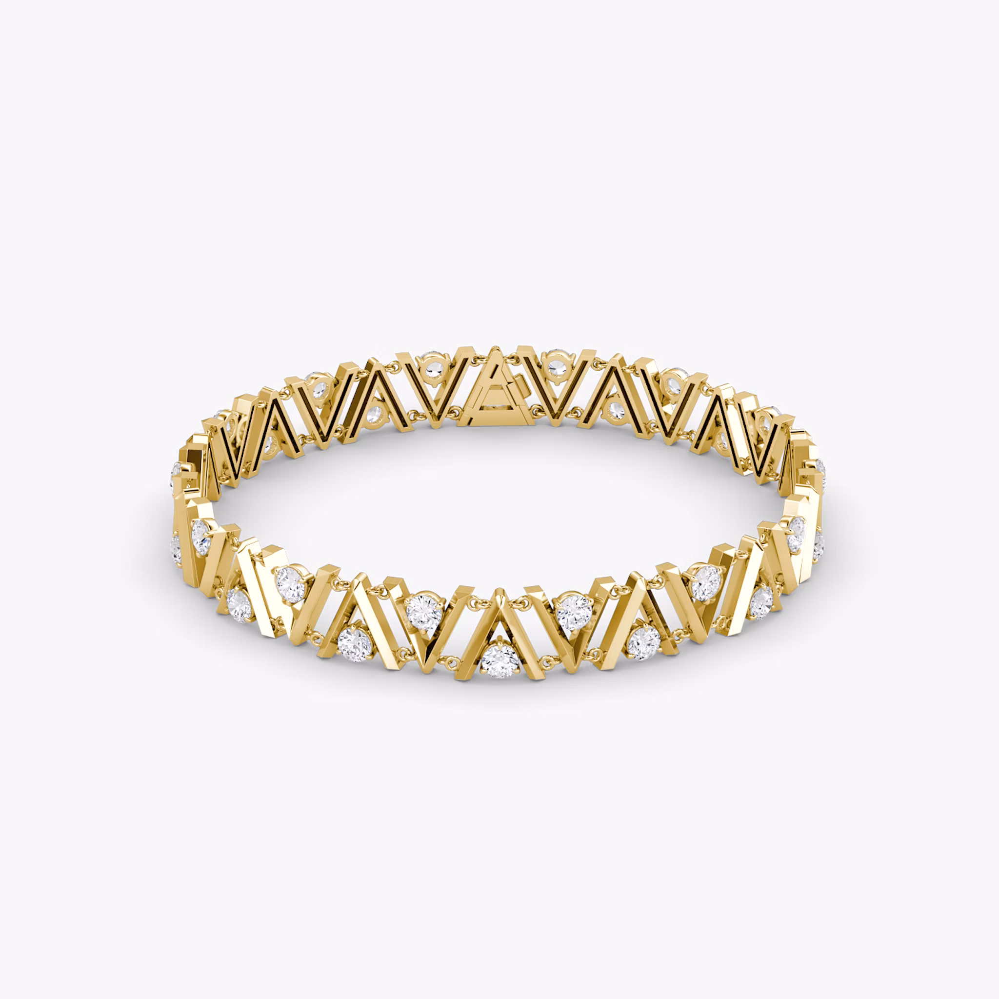 A V tennis bracelet in gold, with a white background.