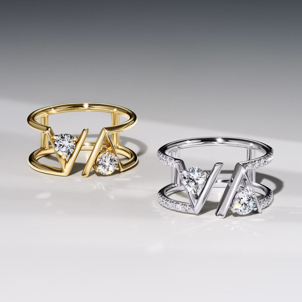 VRAI V Double Row Band | Round Brilliant | 14k | White Gold | bandAccent: Pavé | bandStoneShape: Round Brilliant | diamondSize: original