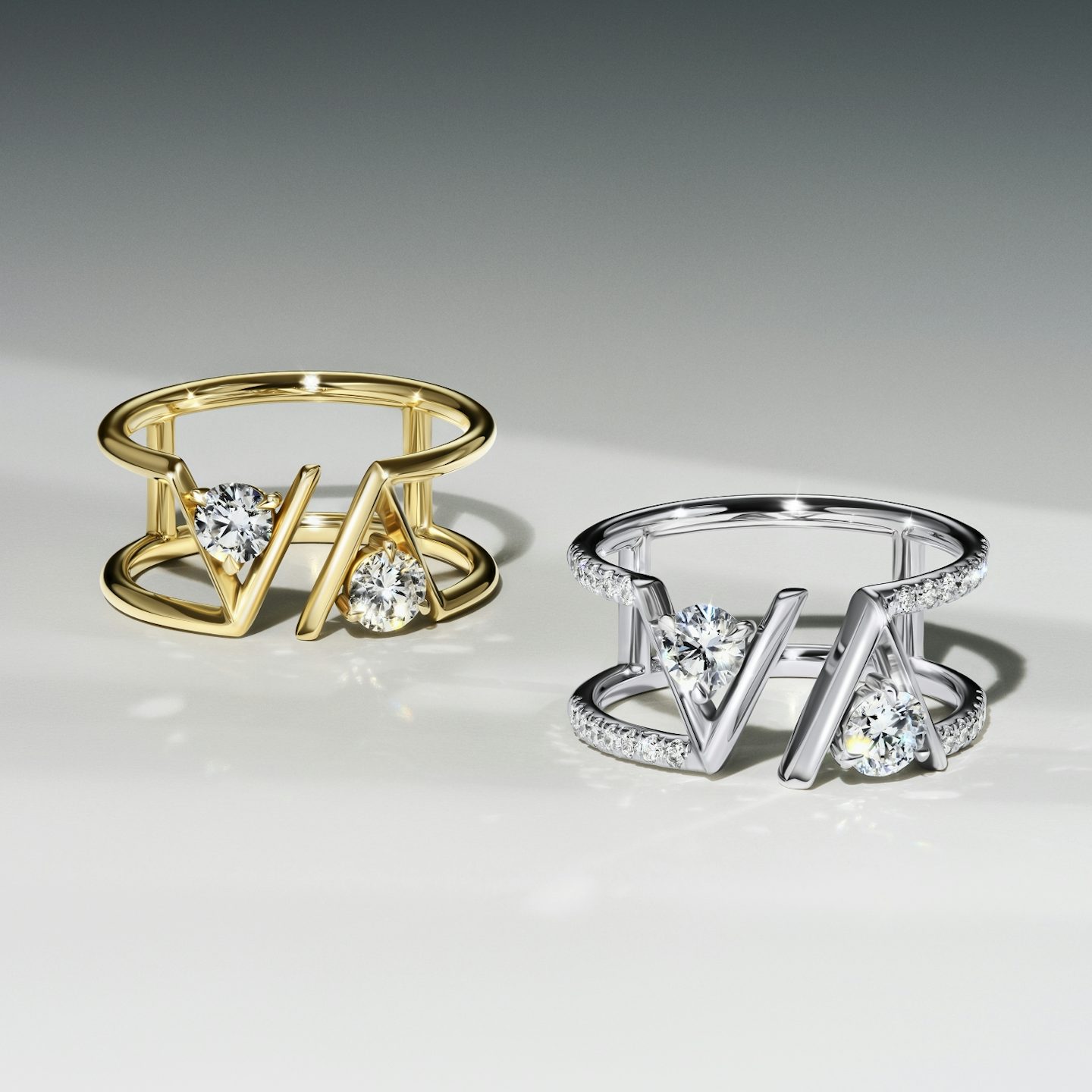 VRAI V Anillo de Doble Fila | Brillante | 14k | Oro blanco | bandAccent: Pavé | bandStoneShape: Baguette | diamondSize: original