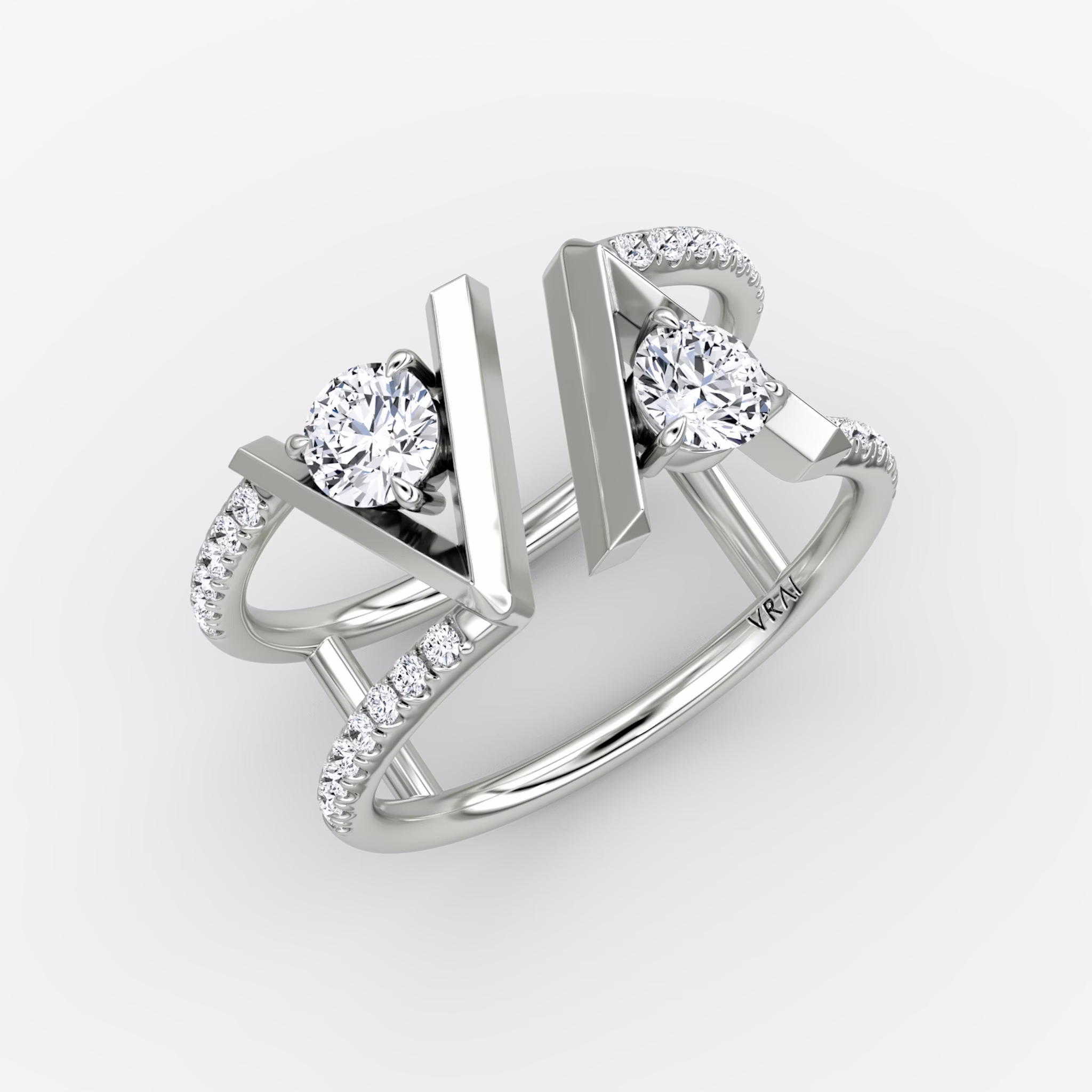 VRAI V Double Row Band | Round Brilliant | 14k | White Gold | bandAccent: Pavé | bandStoneShape: Round Brilliant | diamondSize: original