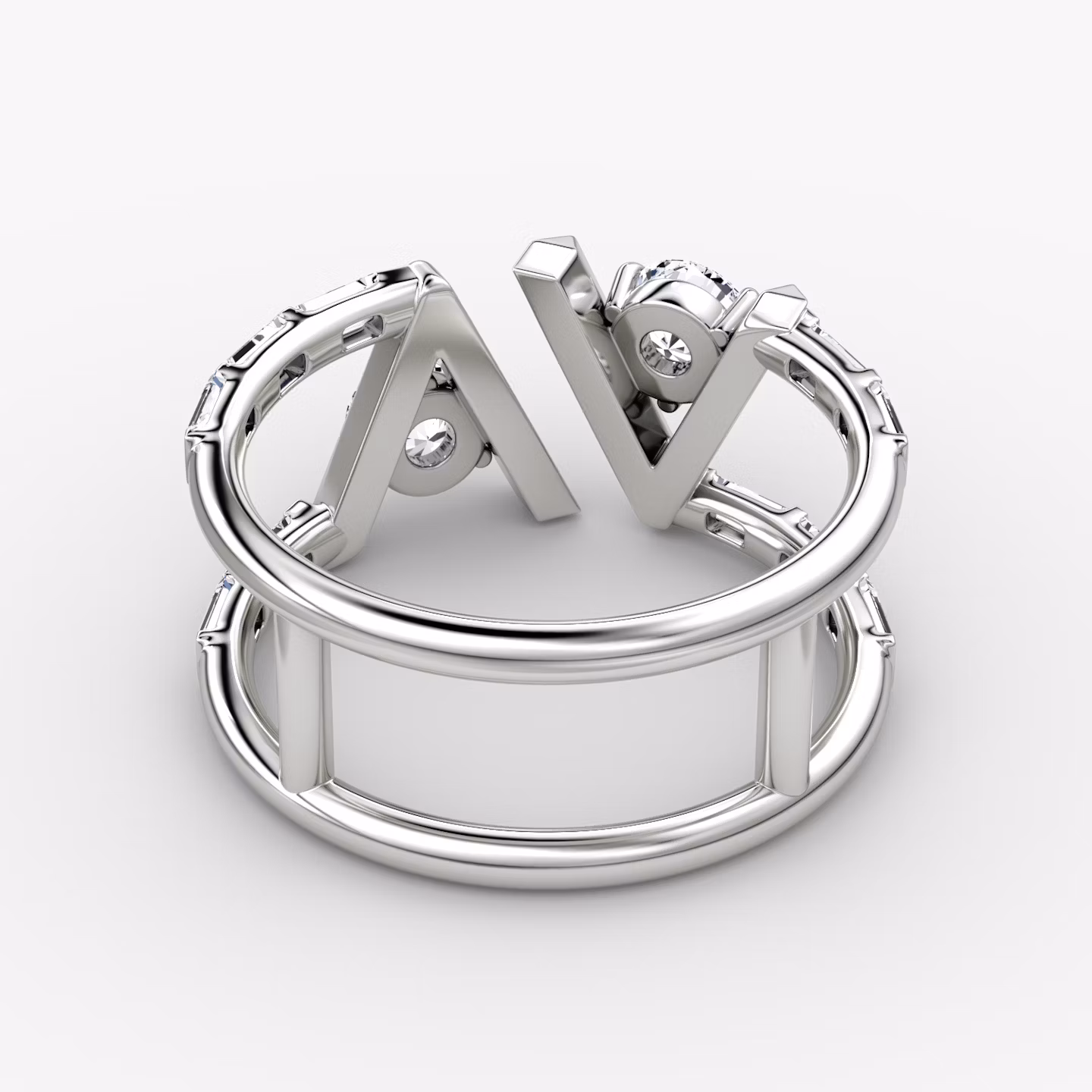 VRAI V Anillo de Doble Fila | Brillante | 14k | Oro blanco | bandAccent: Pavé | bandStoneShape: Baguette | diamondSize: original
