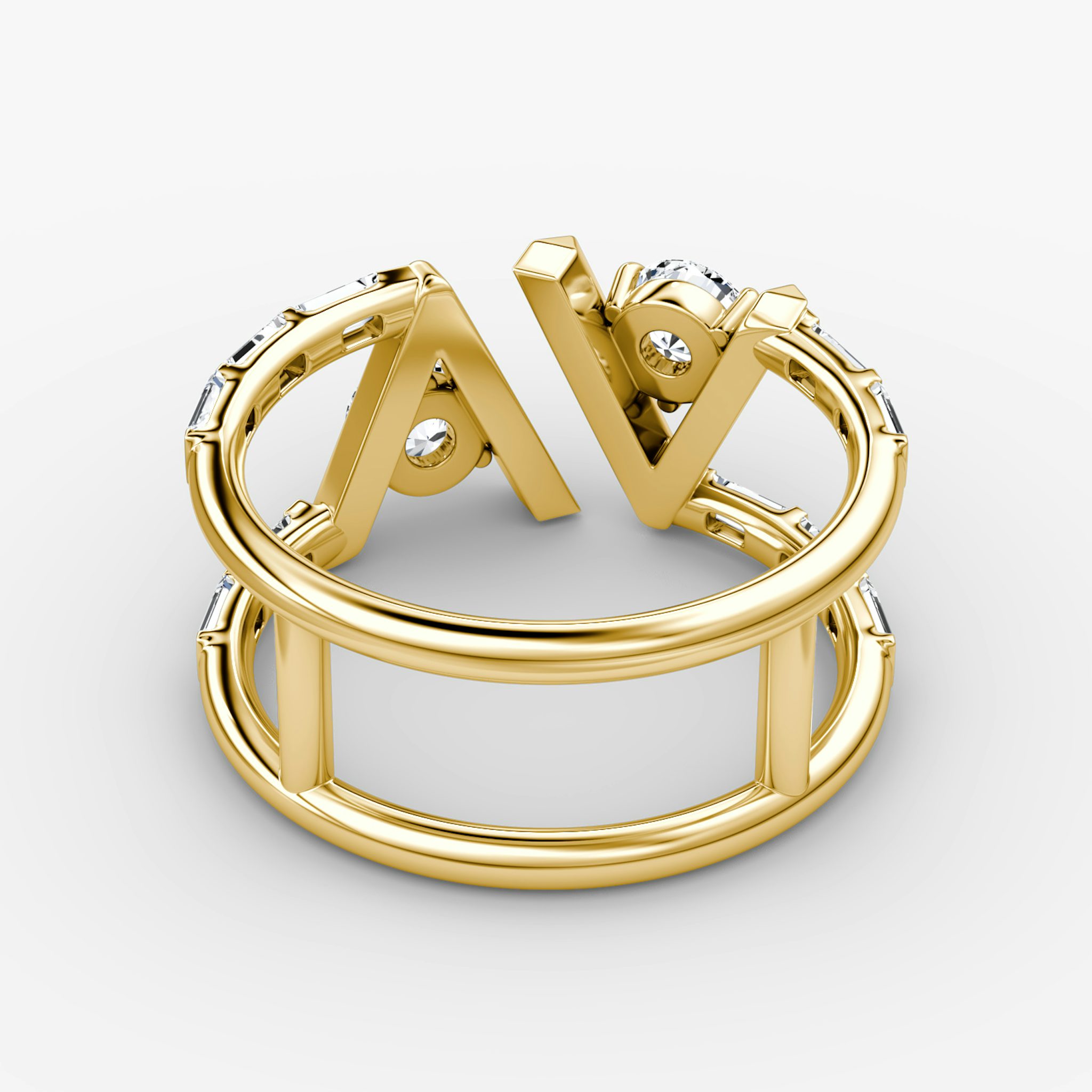 VRAI V Double Row Ring | Rund | 14k | Gelbgold | bandAccent: Mit Pavé-Besatz | bandStoneShape: Baguette | diamondSize: original