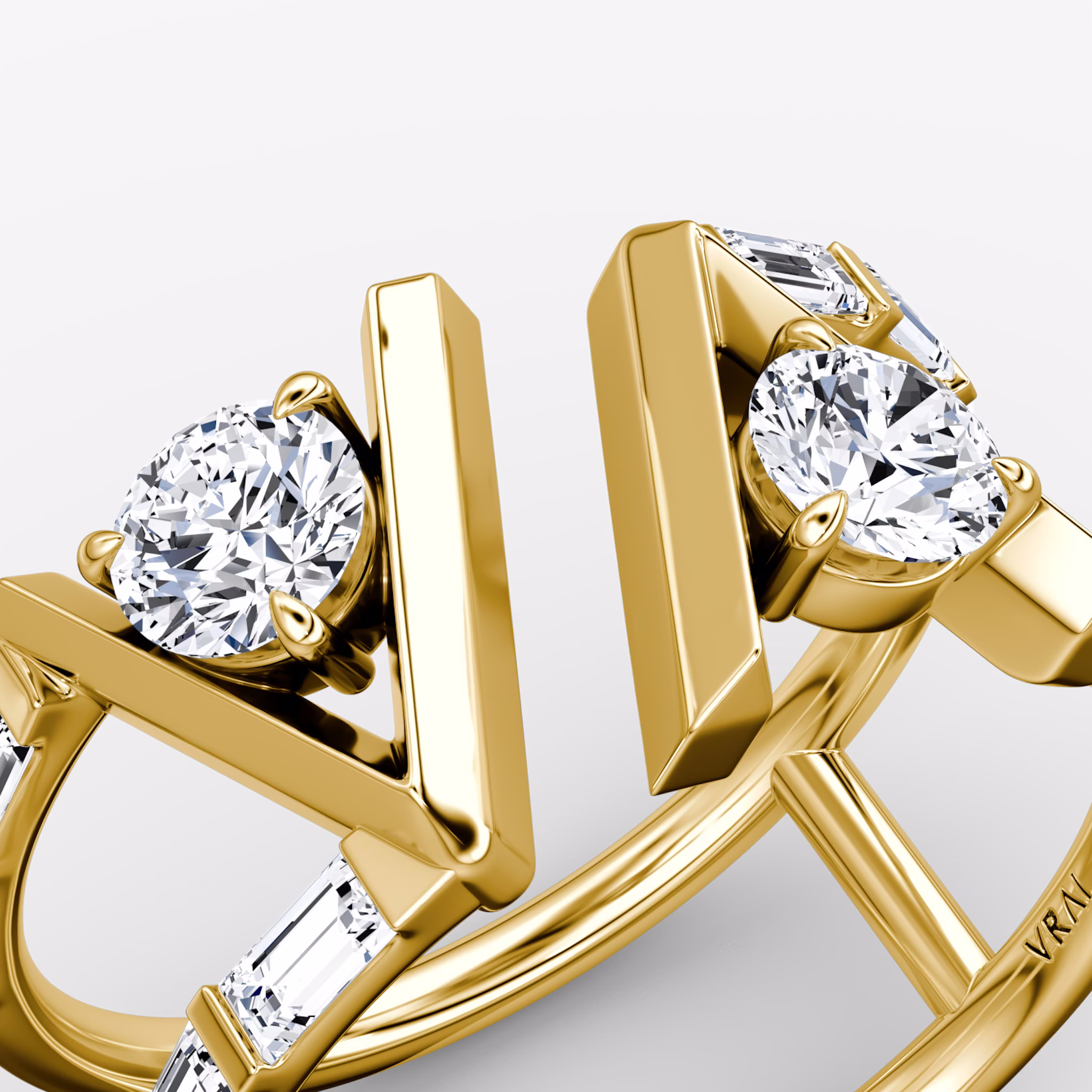 VRAI V Double Row Ring | Rund | 14k | Gelbgold | bandAccent: Mit Pavé-Besatz | bandStoneShape: Baguette | diamondSize: original