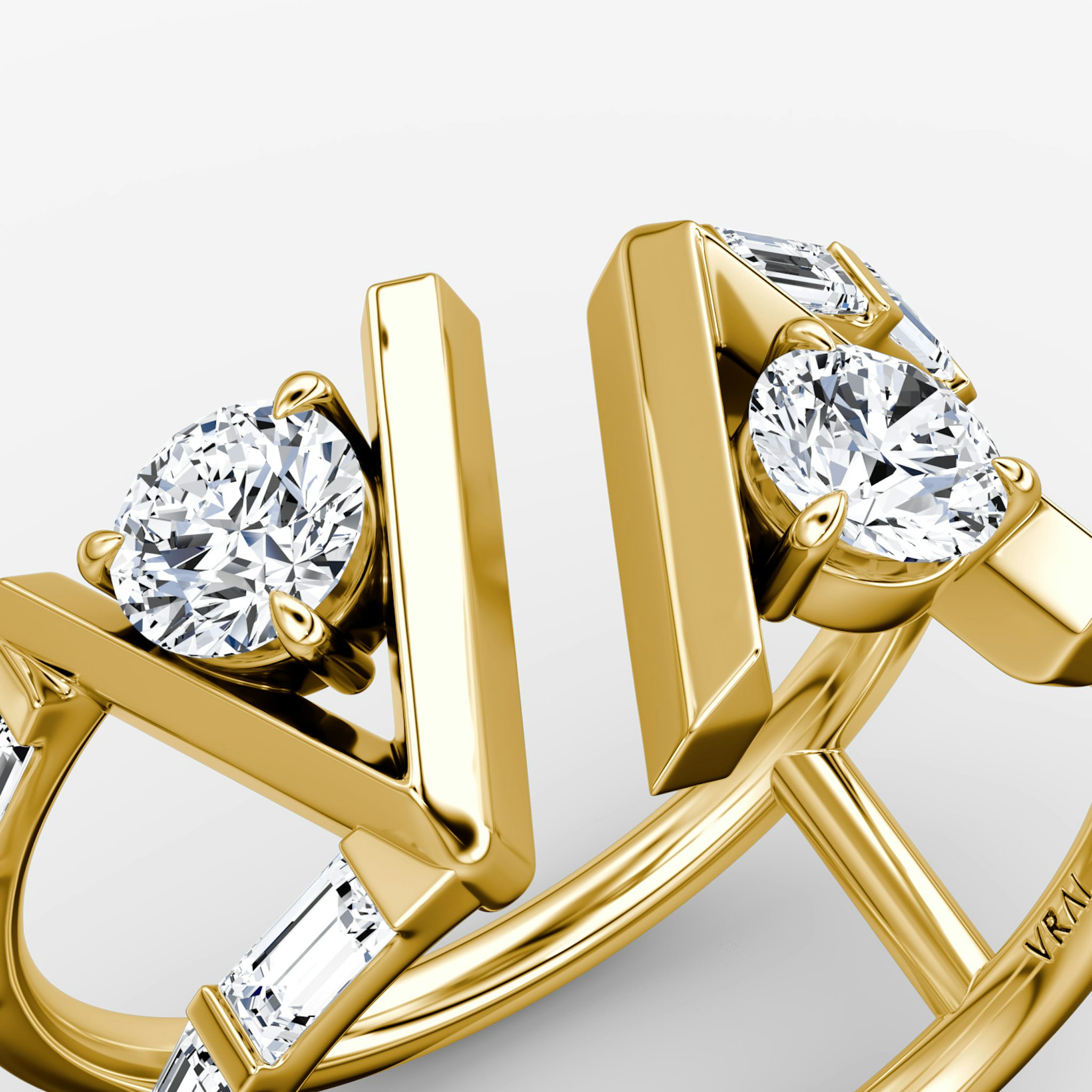 VRAI V Double Row Ring | Rund | 14k | Gelbgold | bandAccent: Mit Pavé-Besatz | bandStoneShape: Baguette | diamondSize: original