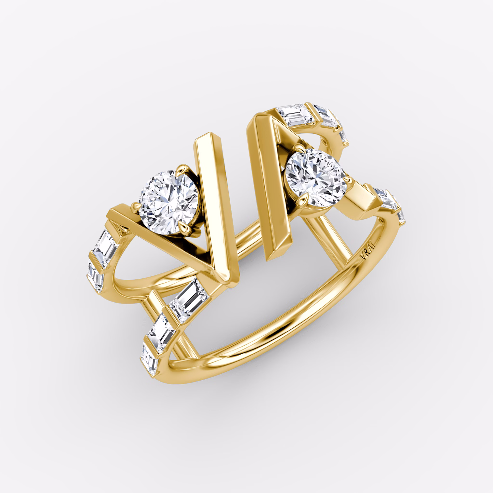 VRAI V Double Row Ring | Rund | 14k | Gelbgold | bandAccent: Mit Pavé-Besatz | bandStoneShape: Baguette | diamondSize: original