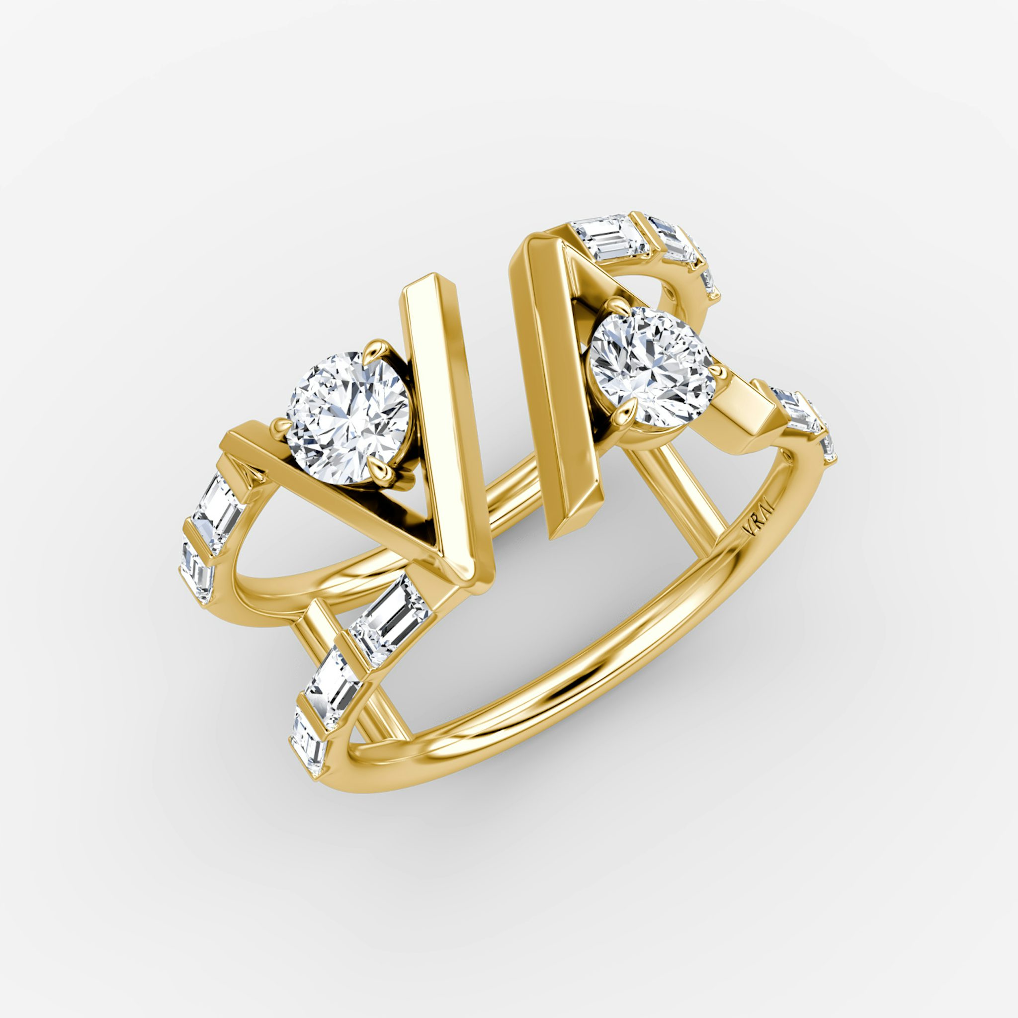 VRAI V Double Row Ring | Rund | 14k | Gelbgold | bandAccent: Mit Pavé-Besatz | bandStoneShape: Baguette | diamondSize: original