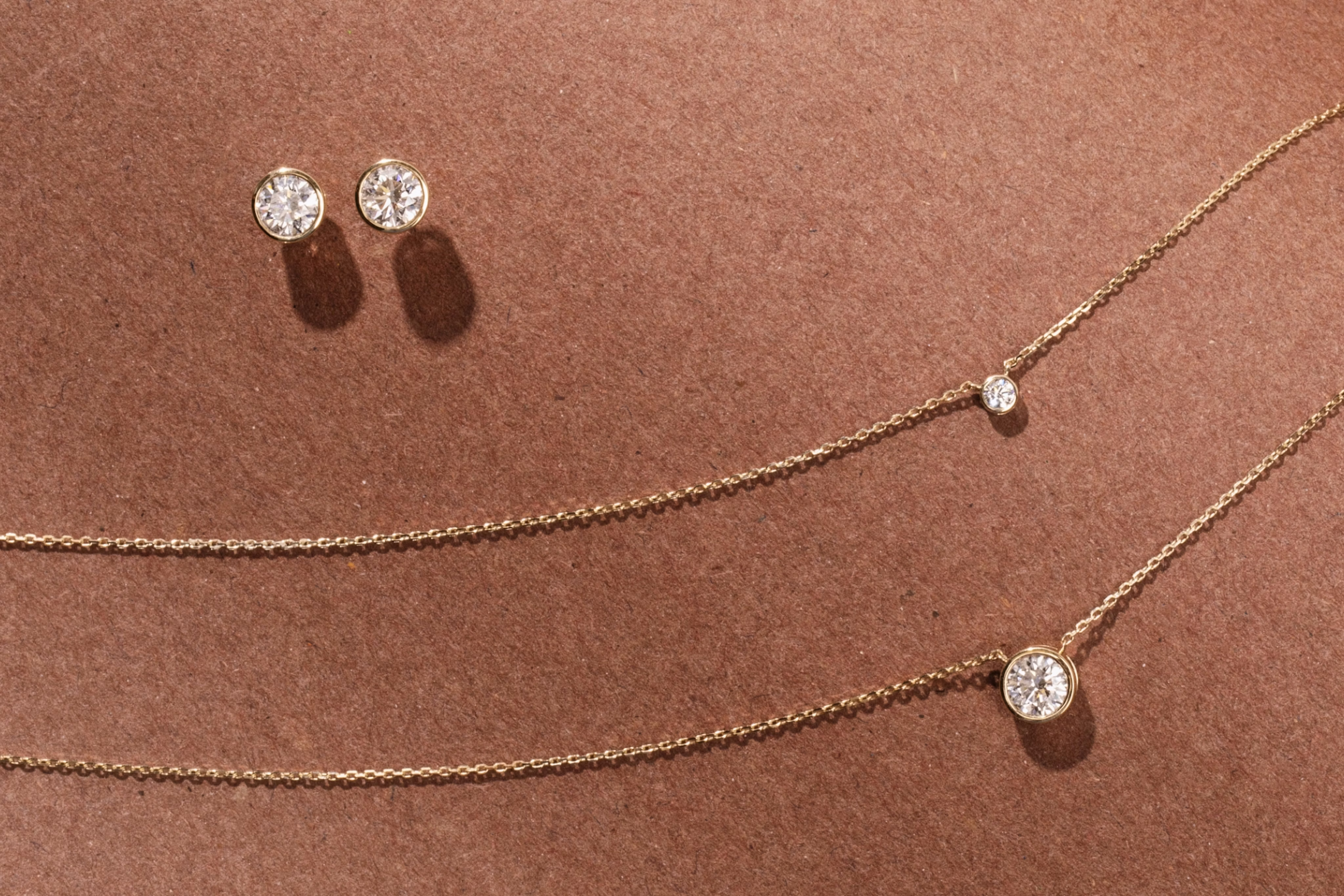 14k Yellow Gold necklaces and Bezel Solitaire Stud earrings with Round Brilliant VRAI Created Diamonds