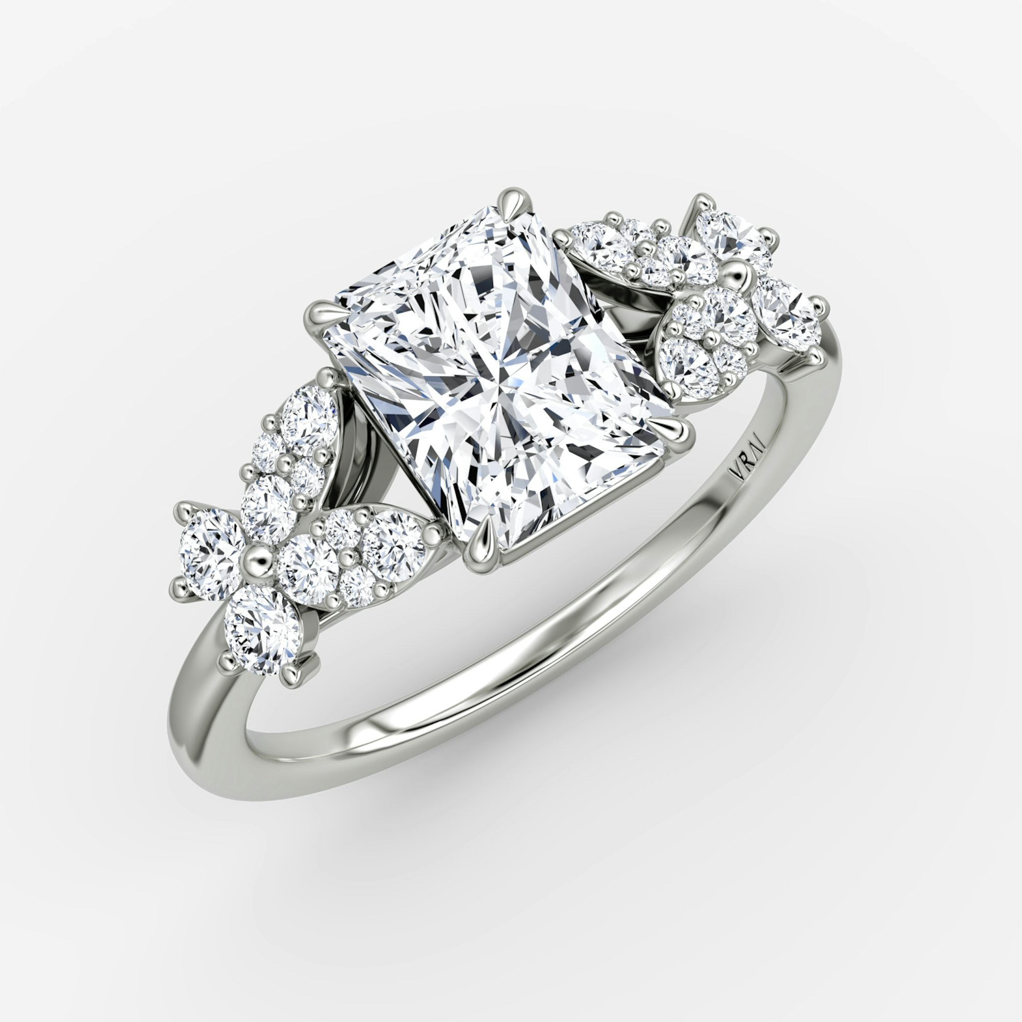 The Signature Floral | Radiant | 18k | White Gold | bandAccent: Plain | diamondOrientation: vertical | caratWeight: other