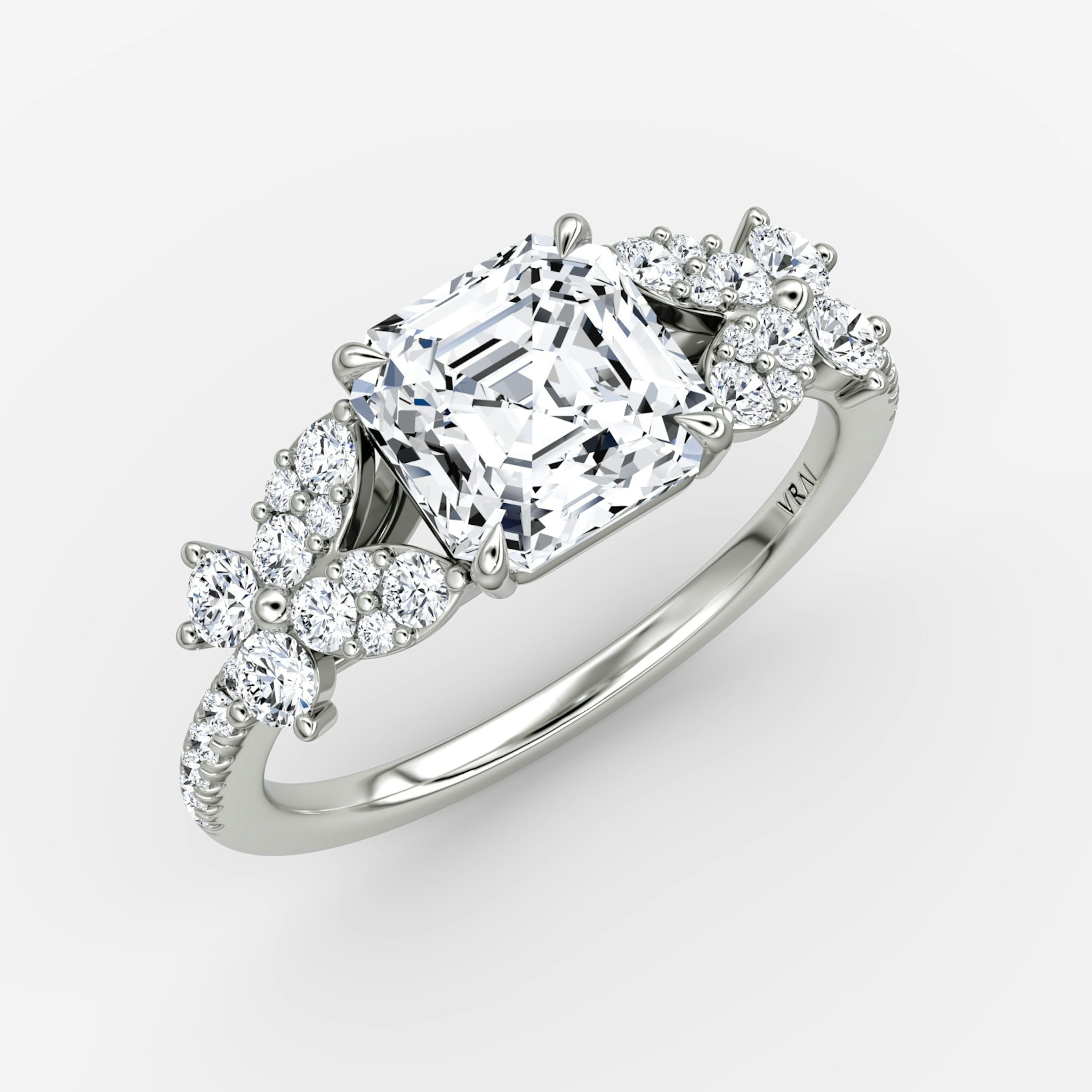 The Signature Floral | Asscher | 18k | White Gold | bandAccent: Pavé | diamondOrientation: vertical | caratWeight: other