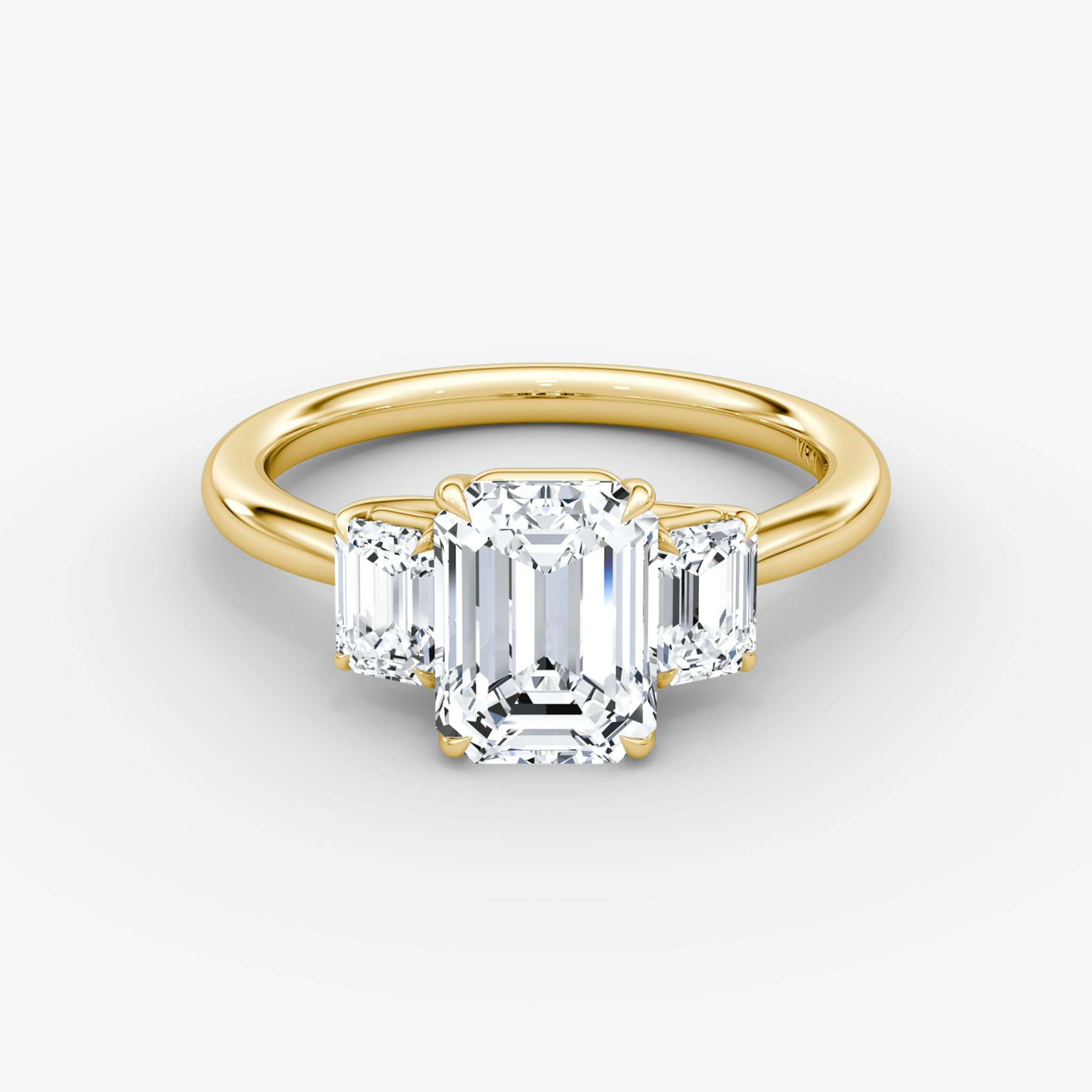 The Trellis Three Stone | Emerald | 18k | Yellow Gold | bandAccent: Plain | diamondOrientation: vertical | caratWeight: other