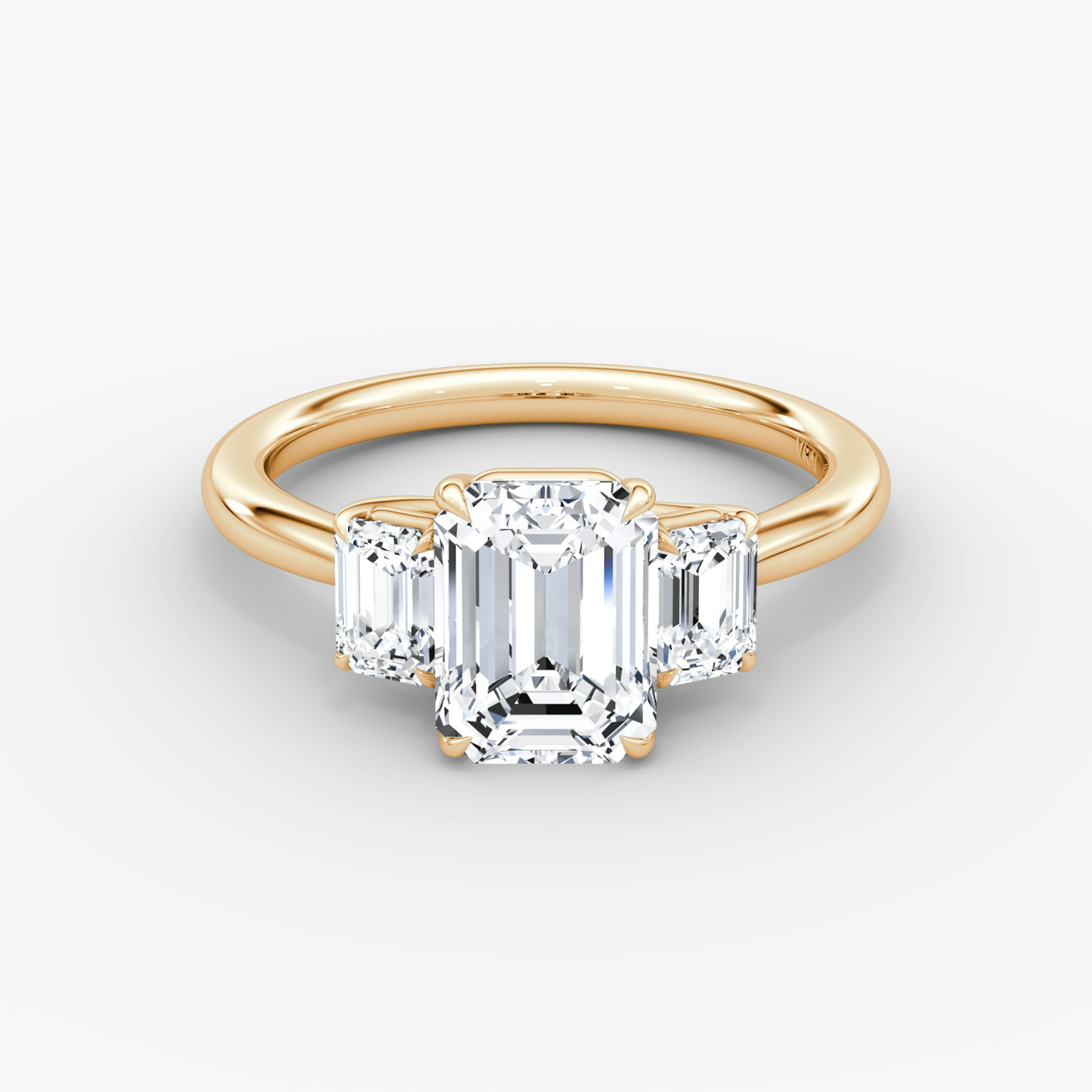 The Trellis Three Stone | Emerald | 14k | Rose Gold | bandAccent: Plain | diamondOrientation: vertical | caratWeight: other