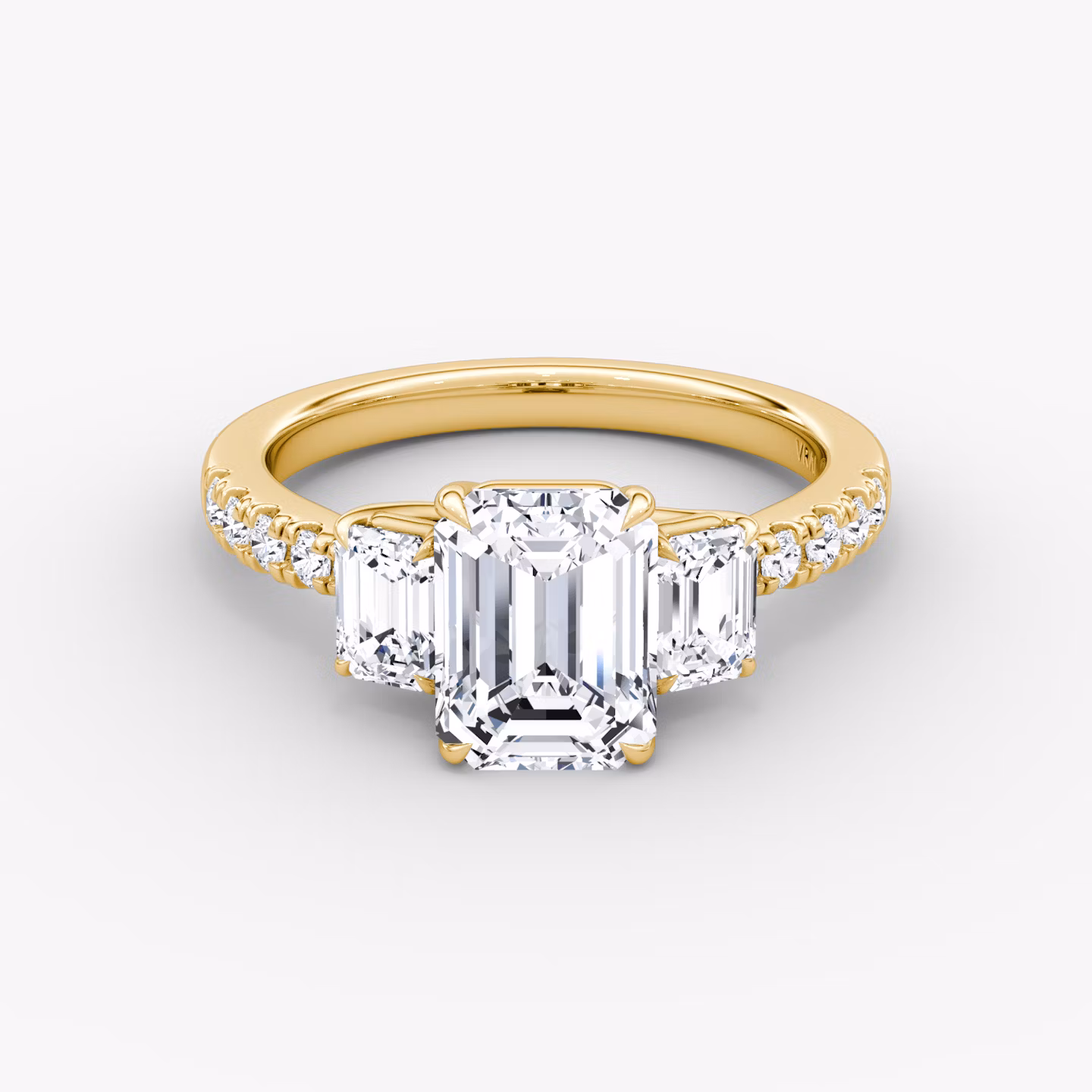 The Trellis Three Stone | Emerald | 18k | Yellow Gold | bandAccent: Pavé | diamondOrientation: vertical | caratWeight: other