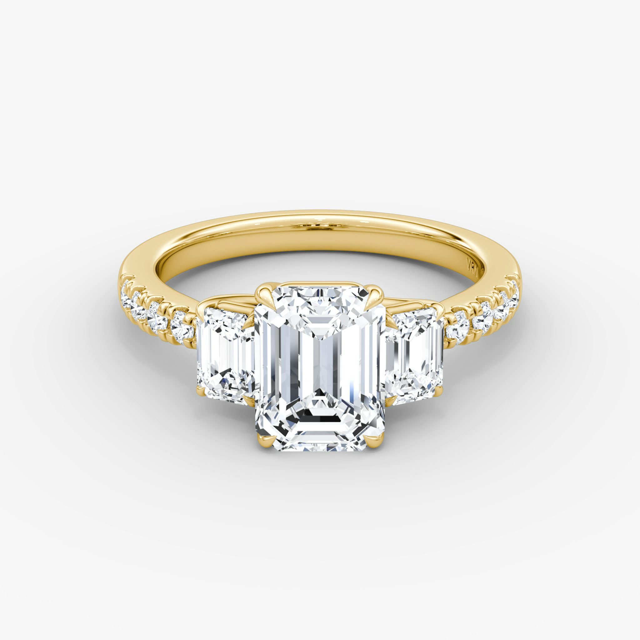 The Trellis Three Stone | Emerald | 18k | Yellow Gold | bandAccent: Pavé | diamondOrientation: vertical | caratWeight: other