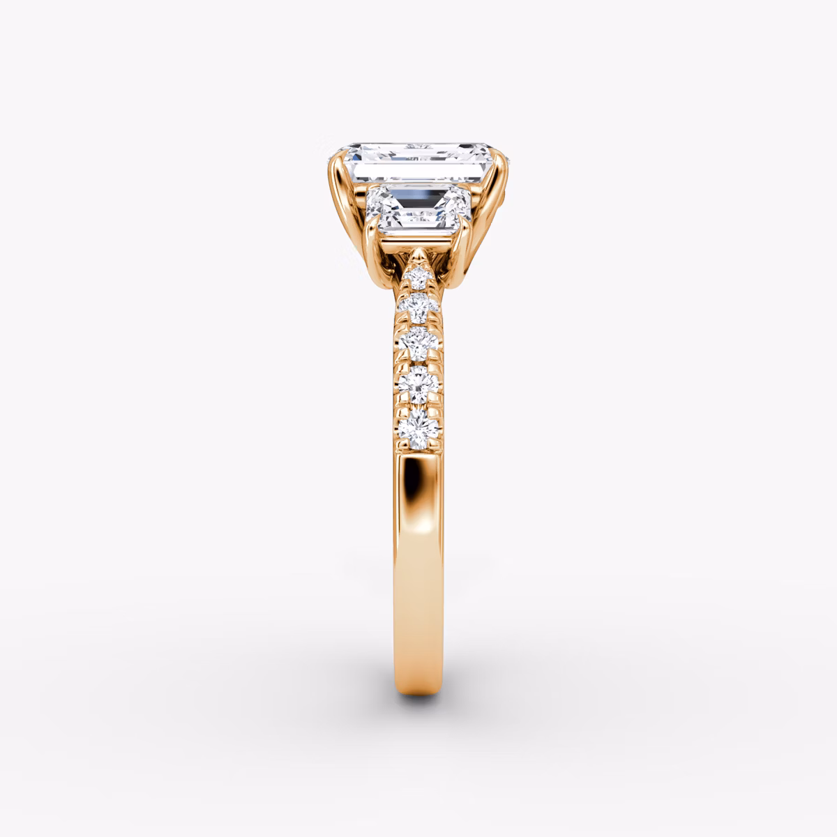The Trellis Three Stone | Emerald | 14k | Rose Gold | bandAccent: Pavé | diamondOrientation: vertical | caratWeight: other