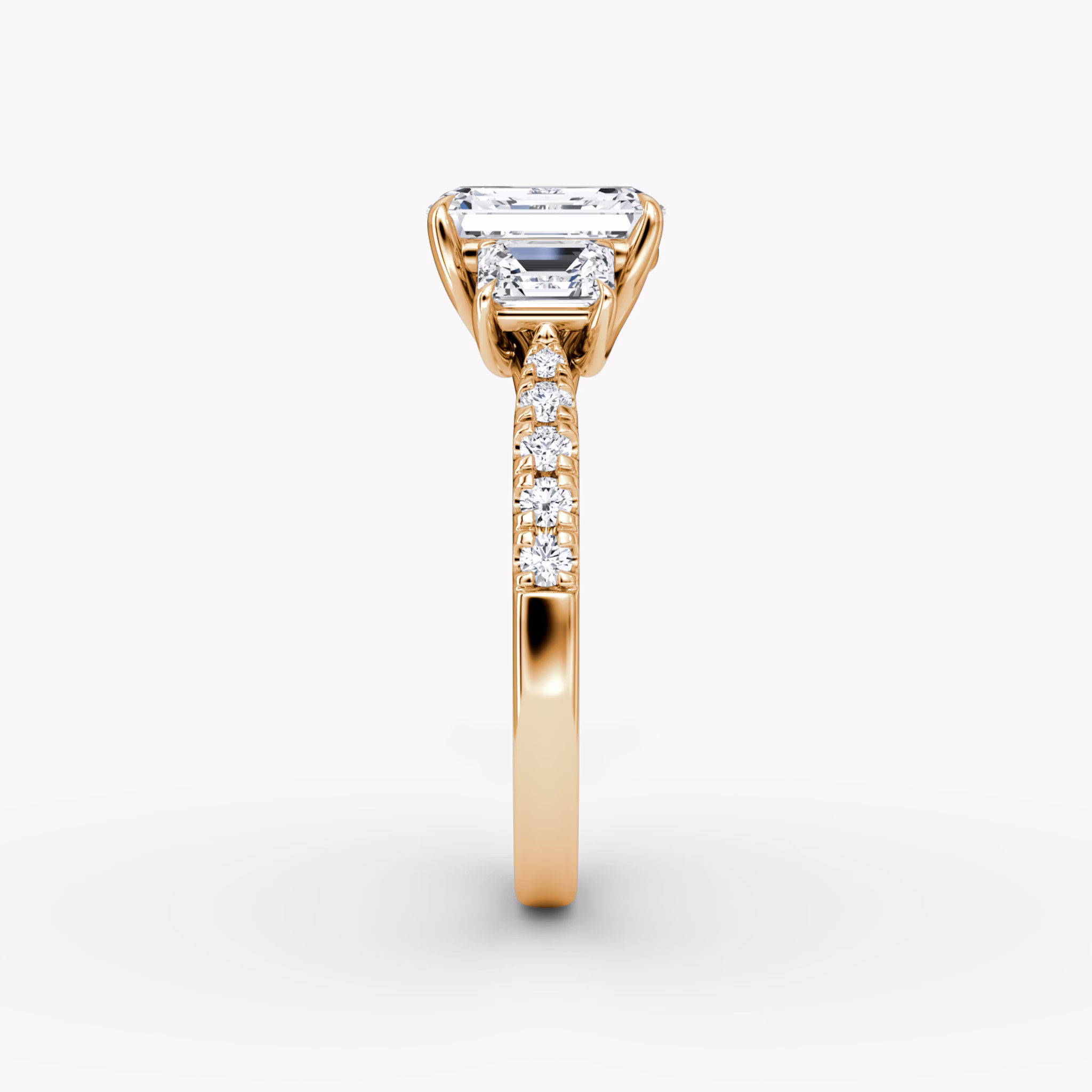 The Trellis Three Stone | Emerald | 14k | Rose Gold | bandAccent: Pavé | diamondOrientation: vertical | caratWeight: other