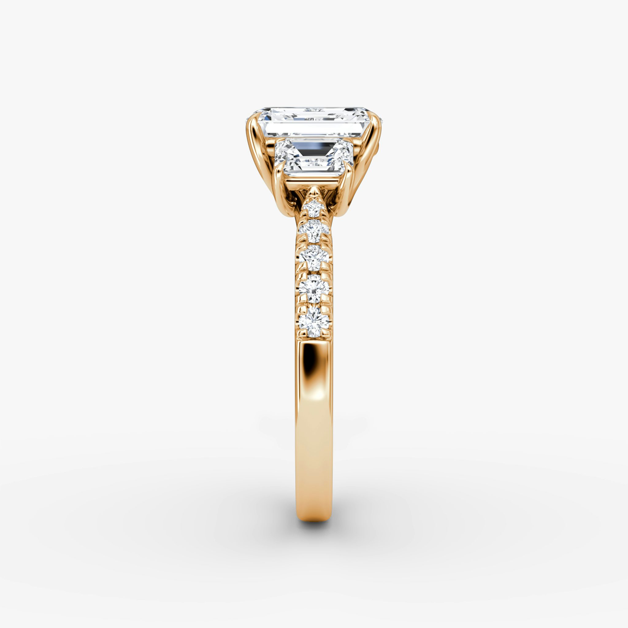 The Trellis Three Stone | Emerald | 14k | Rose Gold | bandAccent: Pavé | diamondOrientation: vertical | caratWeight: other