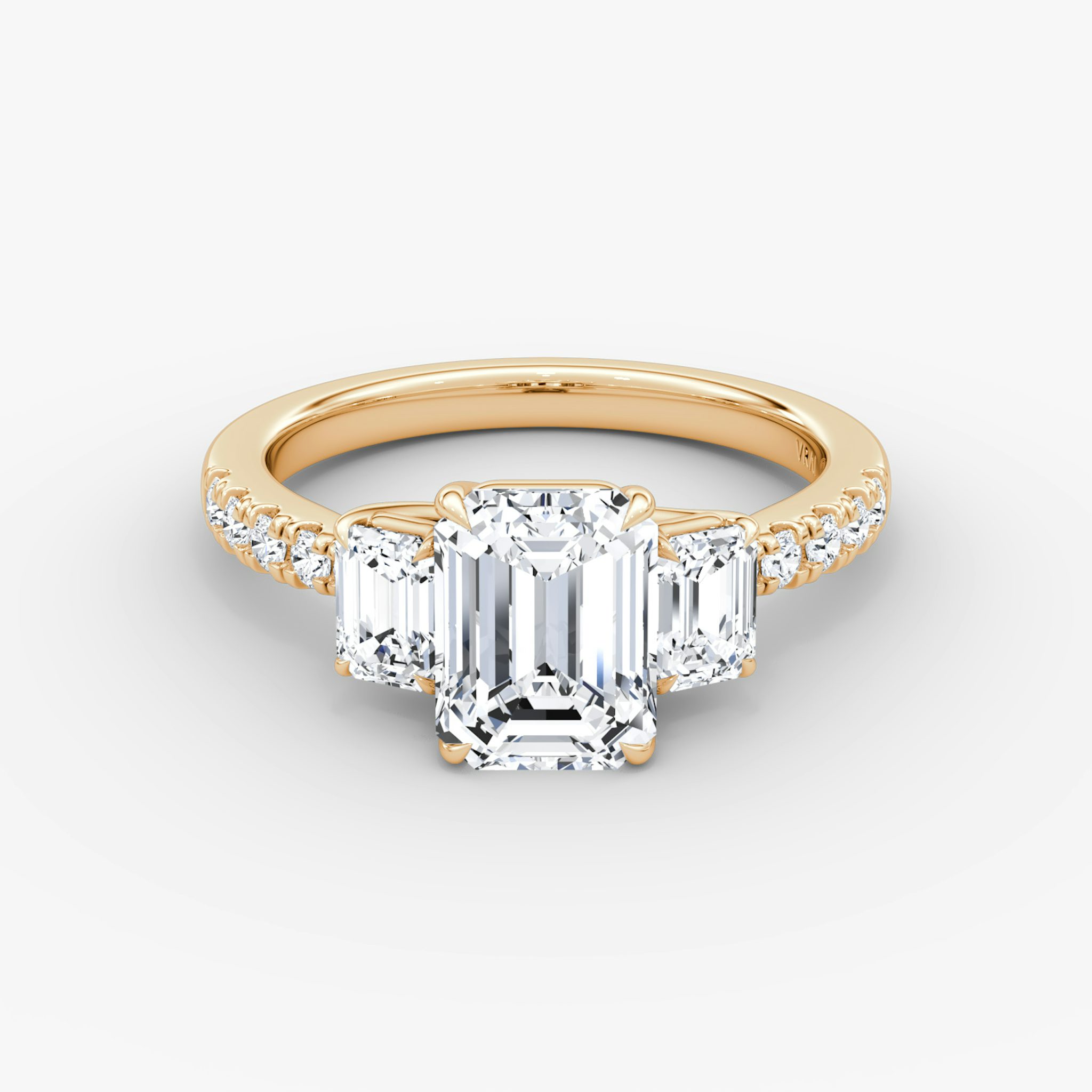 The Trellis Three Stone | Emerald | 14k | Rose Gold | bandAccent: Pavé | diamondOrientation: vertical | caratWeight: other