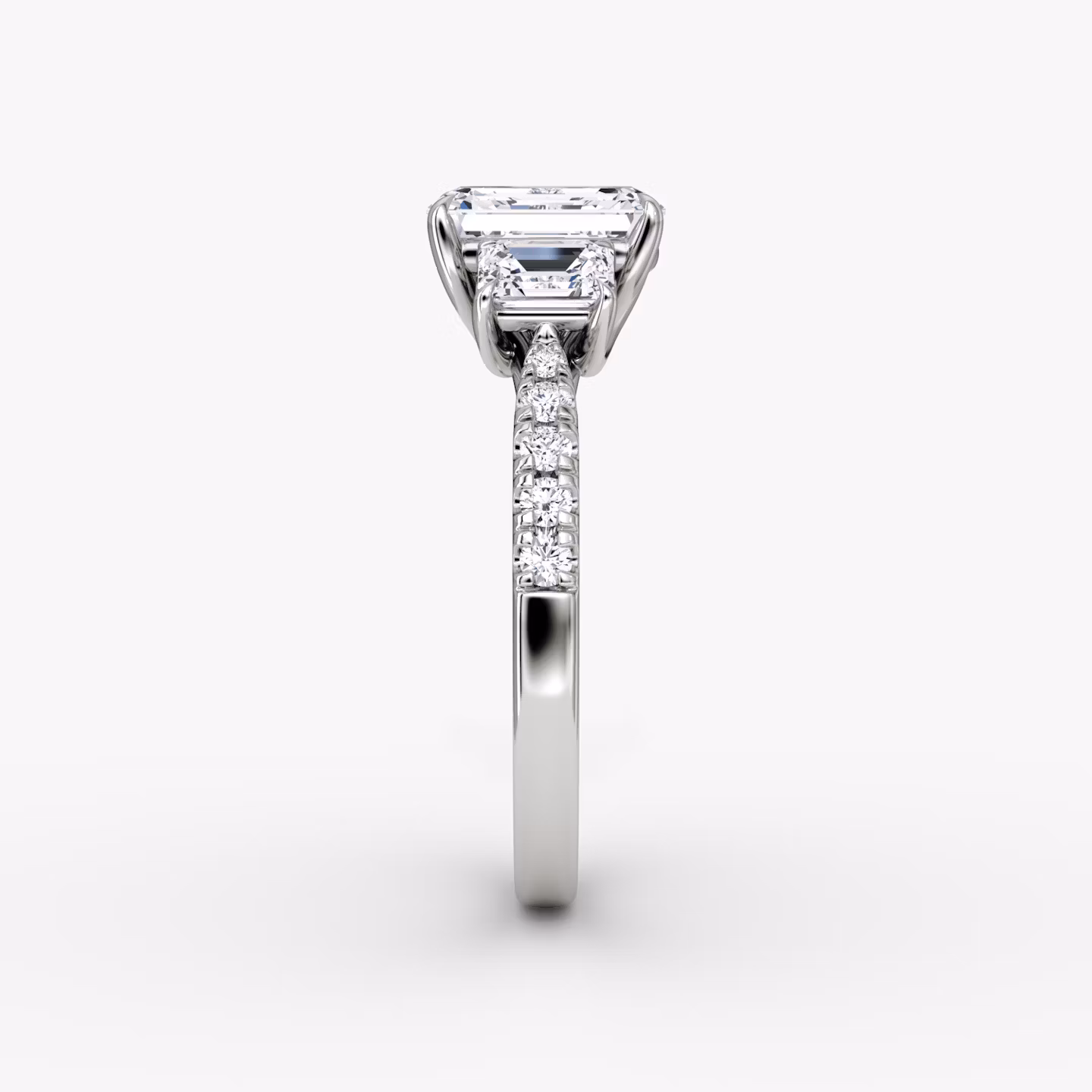 The Trellis Three Stone | Emerald | 18k | White Gold | bandAccent: Pavé | diamondOrientation: vertical | caratWeight: other