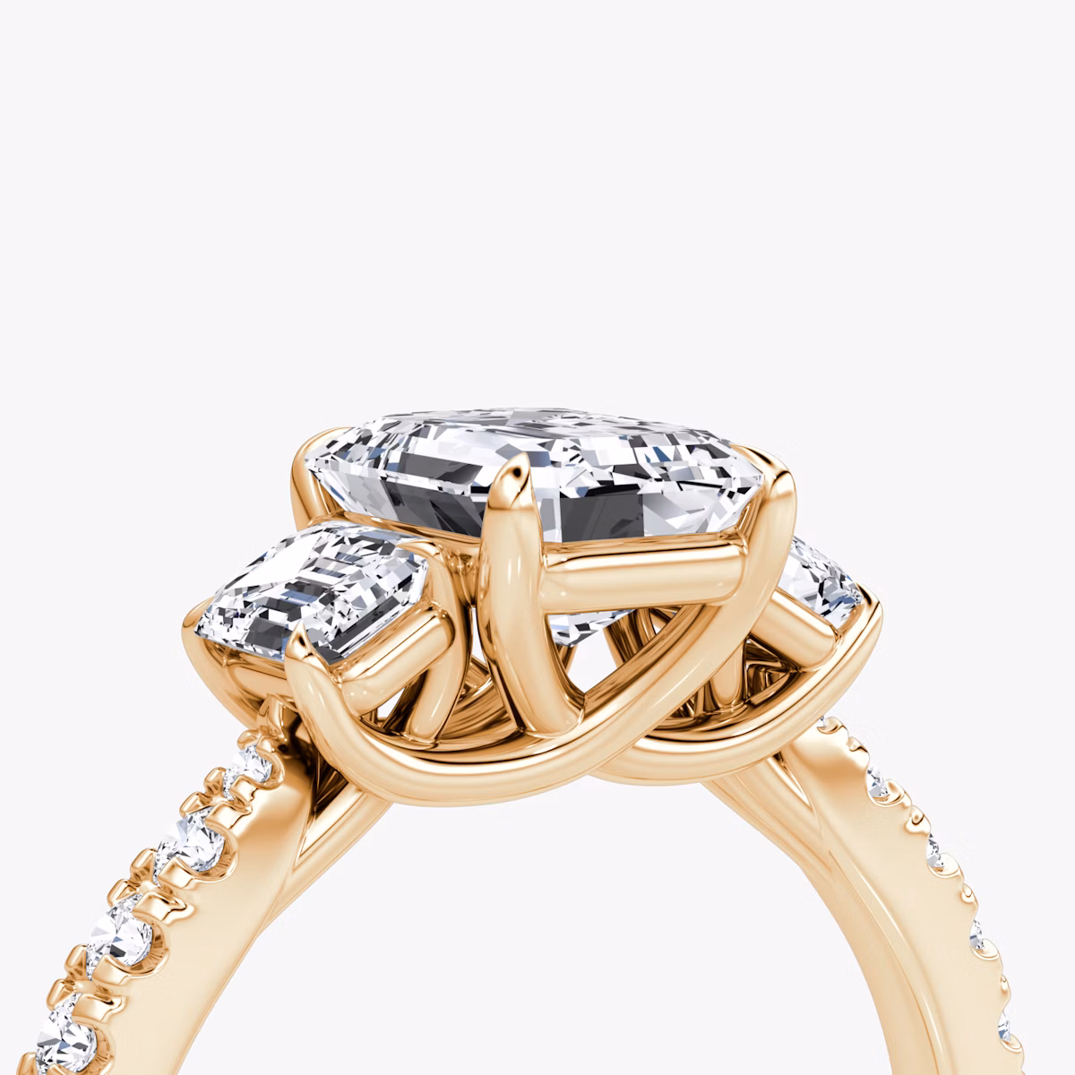 The Trellis Three Stone | Emerald | 14k | Rose Gold | bandAccent: Pavé | diamondOrientation: vertical | caratWeight: other