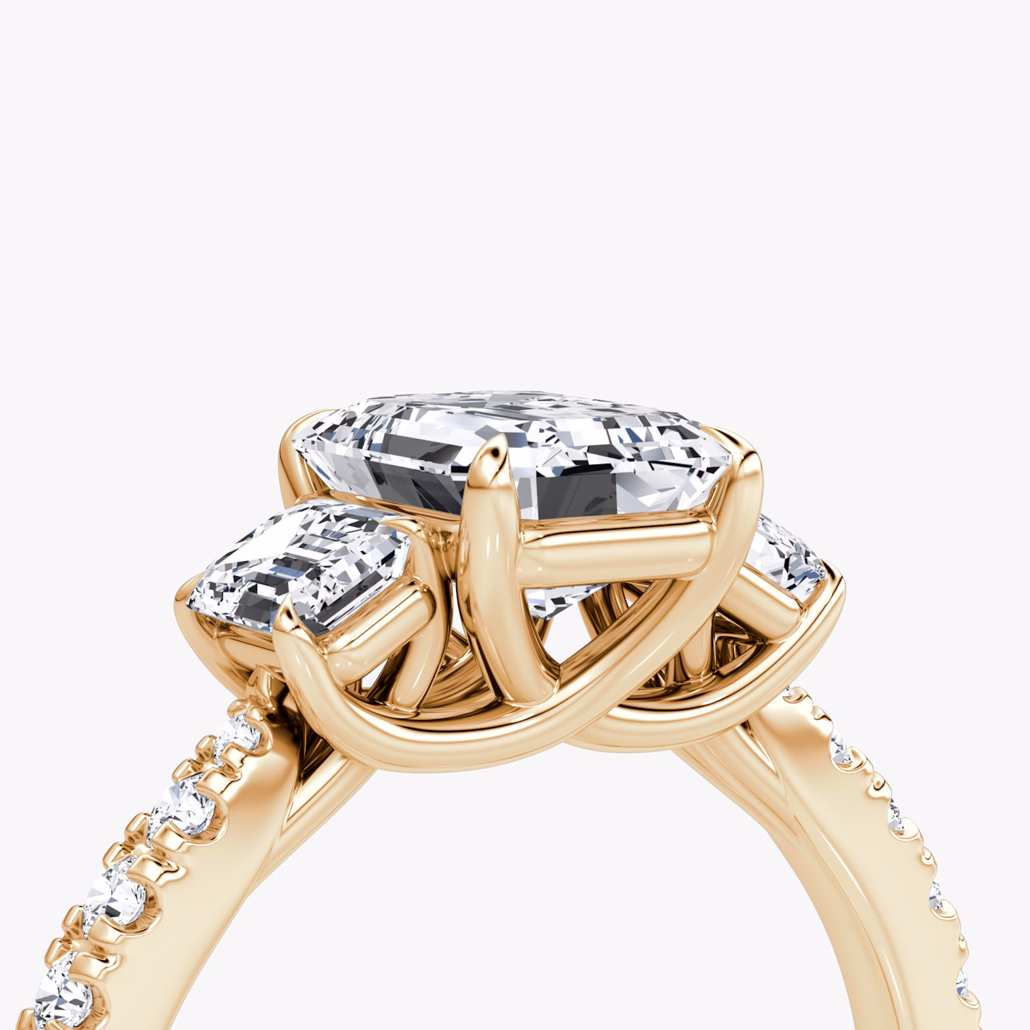 The Trellis Three Stone | Emerald | 14k | Rose Gold | bandAccent: Pavé | diamondOrientation: vertical | caratWeight: other