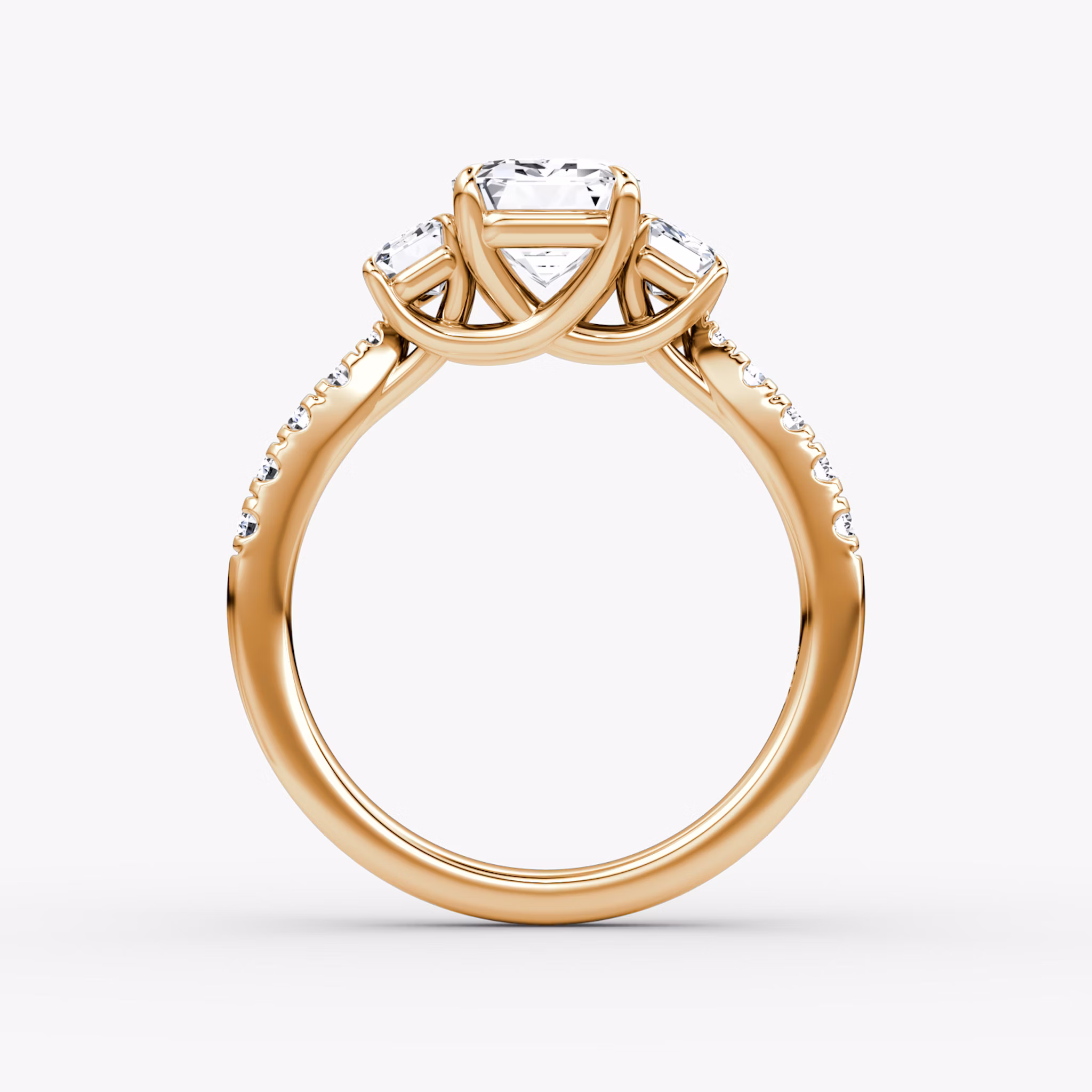 The Trellis Three Stone | Emerald | 14k | Rose Gold | bandAccent: Pavé | diamondOrientation: vertical | caratWeight: other