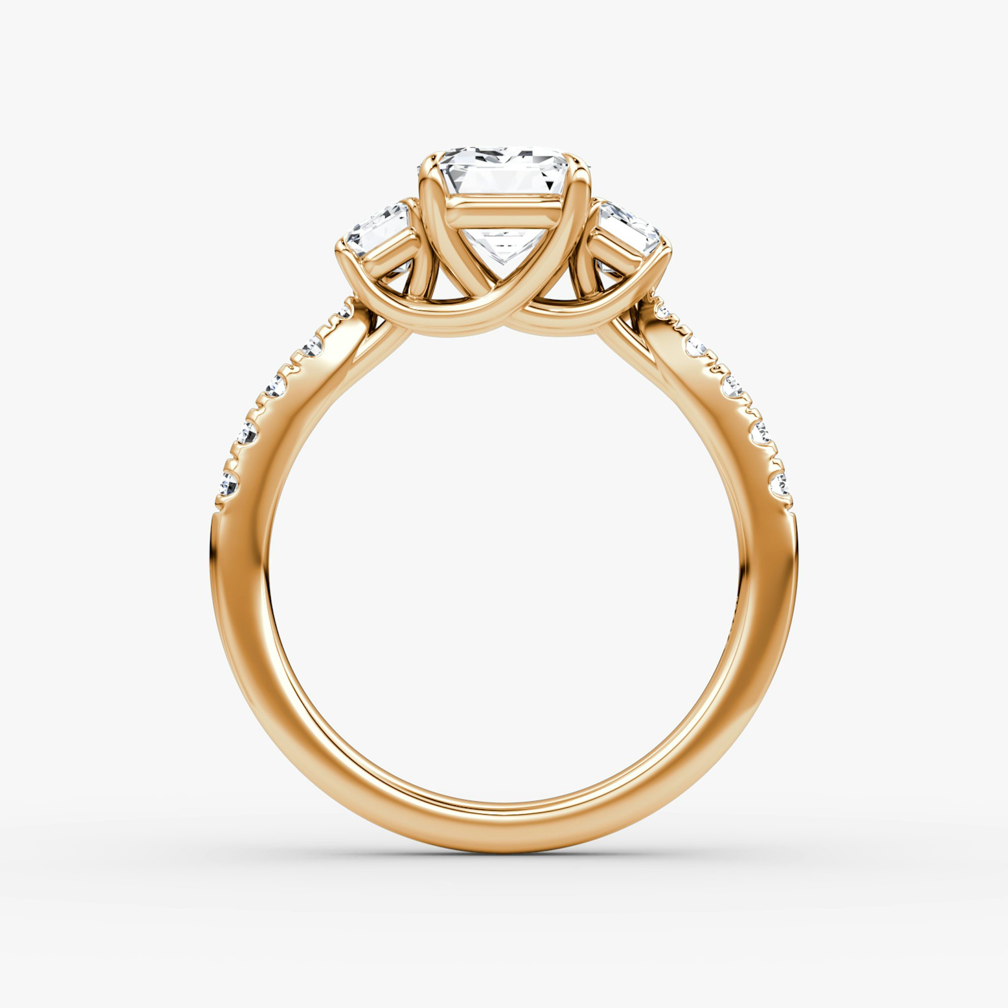 The Trellis Three Stone | Emerald | 14k | Rose Gold | bandAccent: Pavé | diamondOrientation: vertical | caratWeight: other