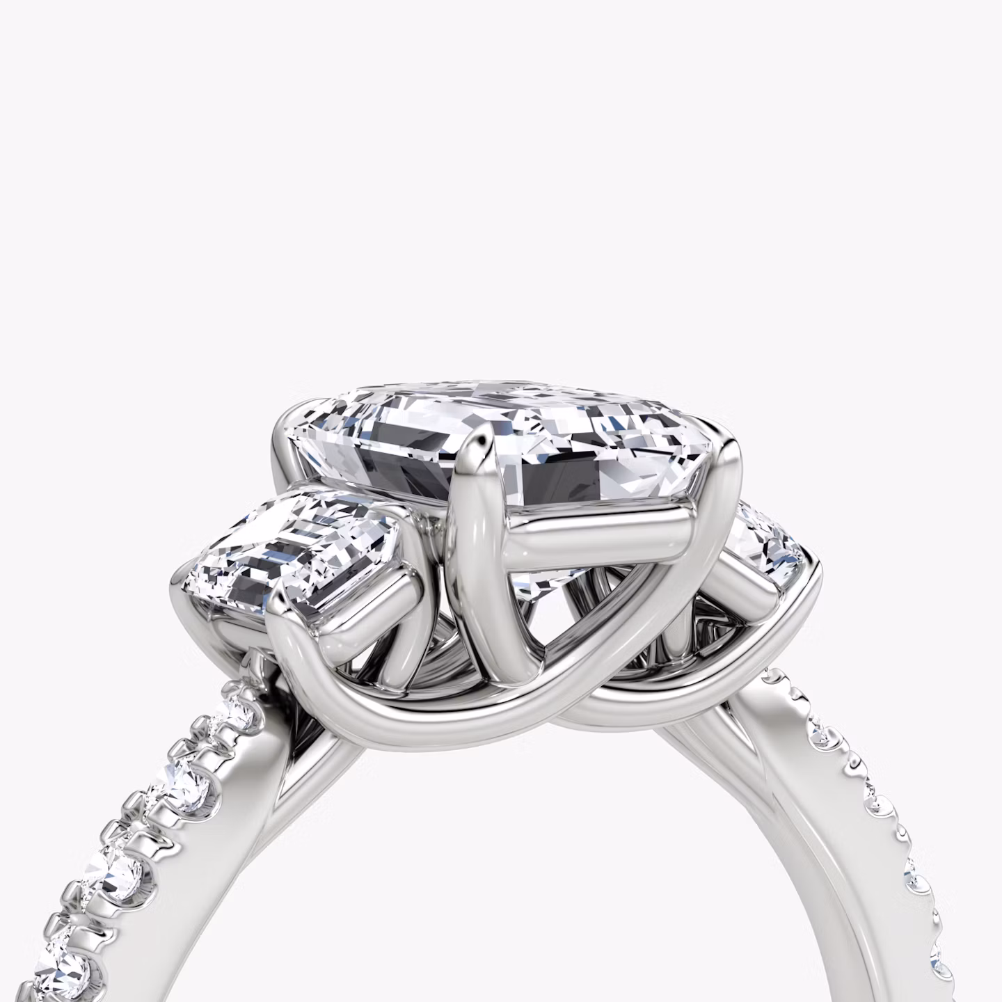 The Trellis Three Stone | Emerald | 18k | White Gold | bandAccent: Pavé | diamondOrientation: vertical | caratWeight: other