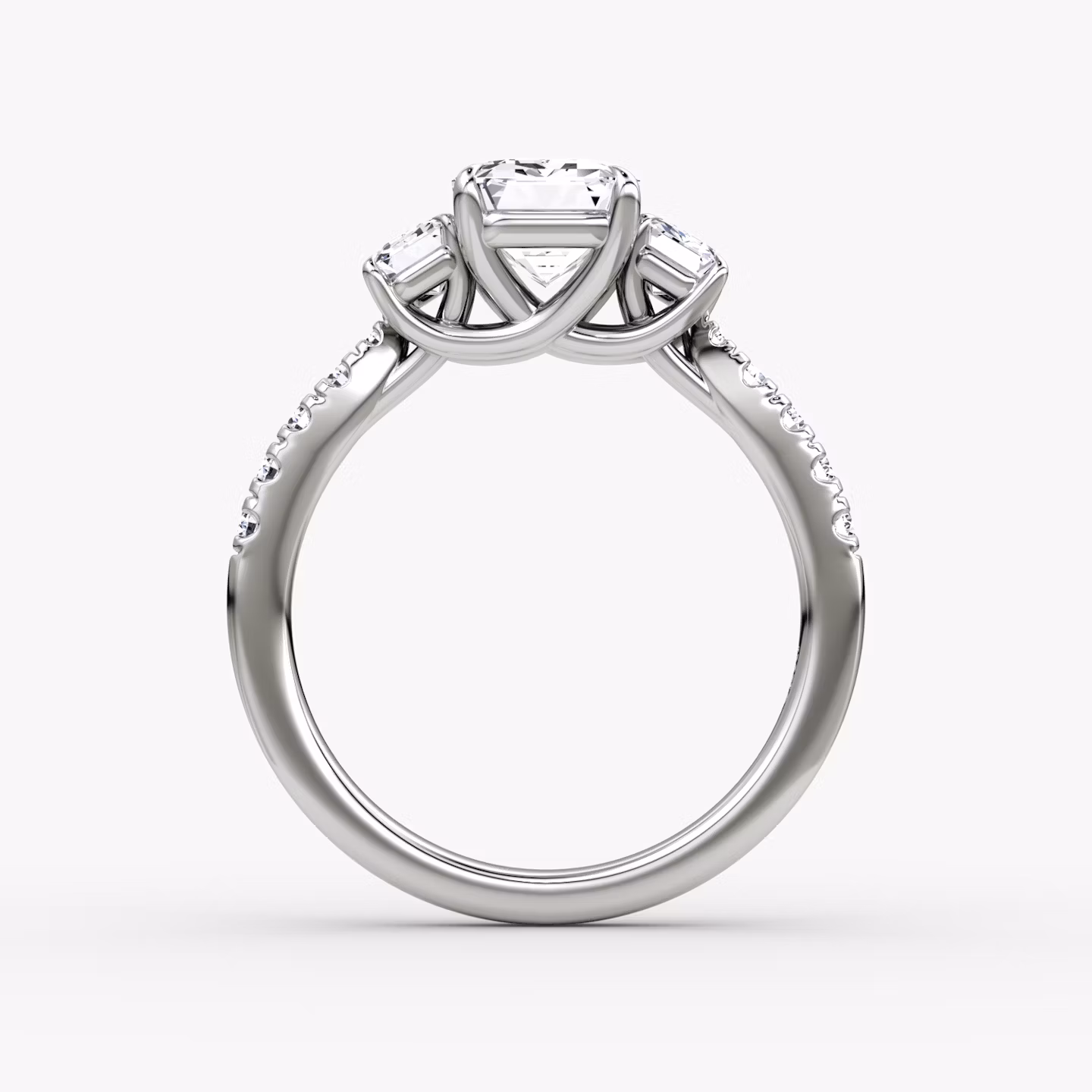 The Trellis Three Stone | Emerald | 18k | White Gold | bandAccent: Pavé | diamondOrientation: vertical | caratWeight: other