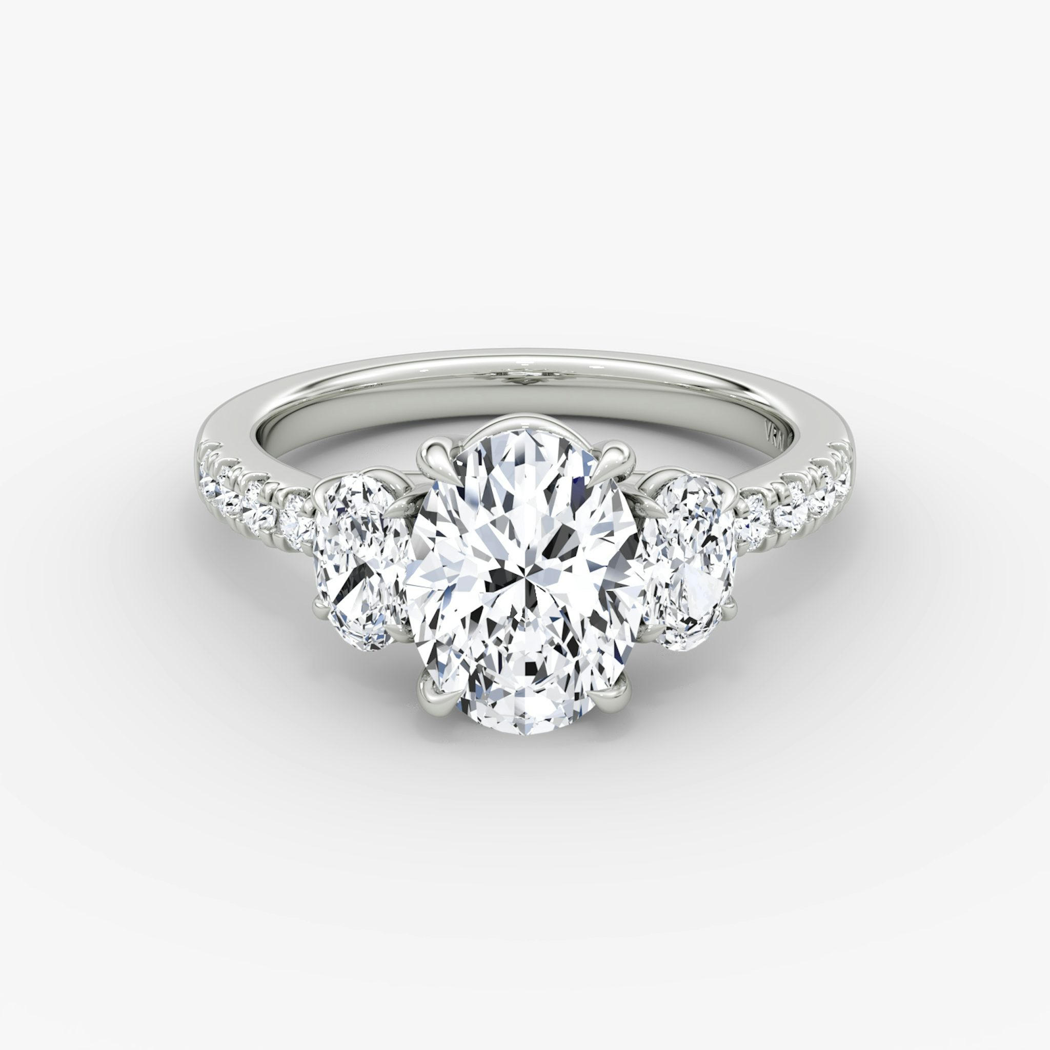 The Trellis Three Stone | Oval | Platinum | bandAccent: Pavé | diamondOrientation: vertical | caratWeight: other