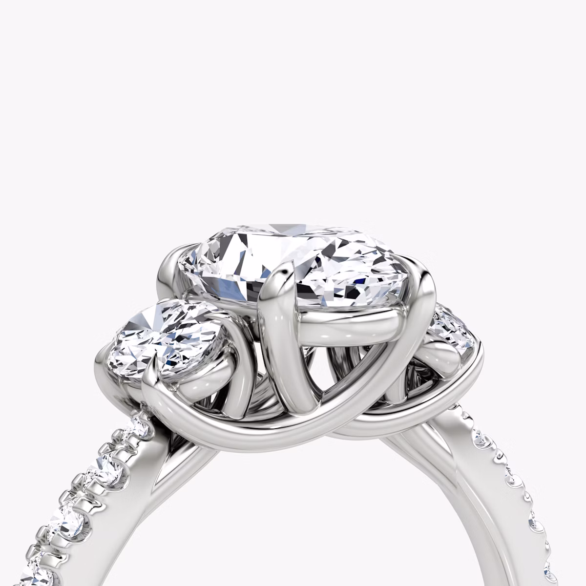 The Trellis Three Stone | Oval | 18k | White Gold | bandAccent: Pavé | diamondOrientation: vertical | caratWeight: other