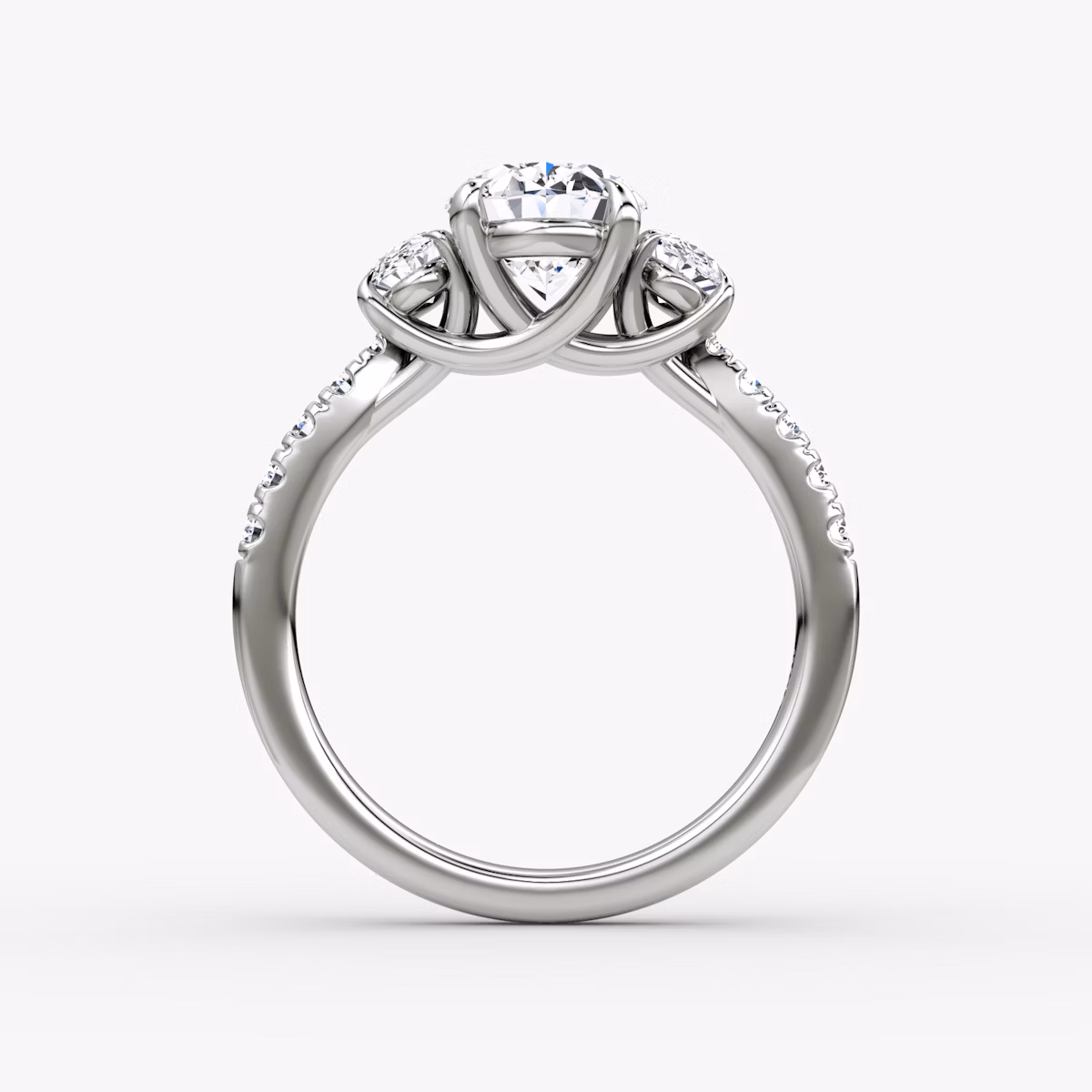 The Trellis Three Stone | Oval | 18k | White Gold | bandAccent: Pavé | diamondOrientation: vertical | caratWeight: other