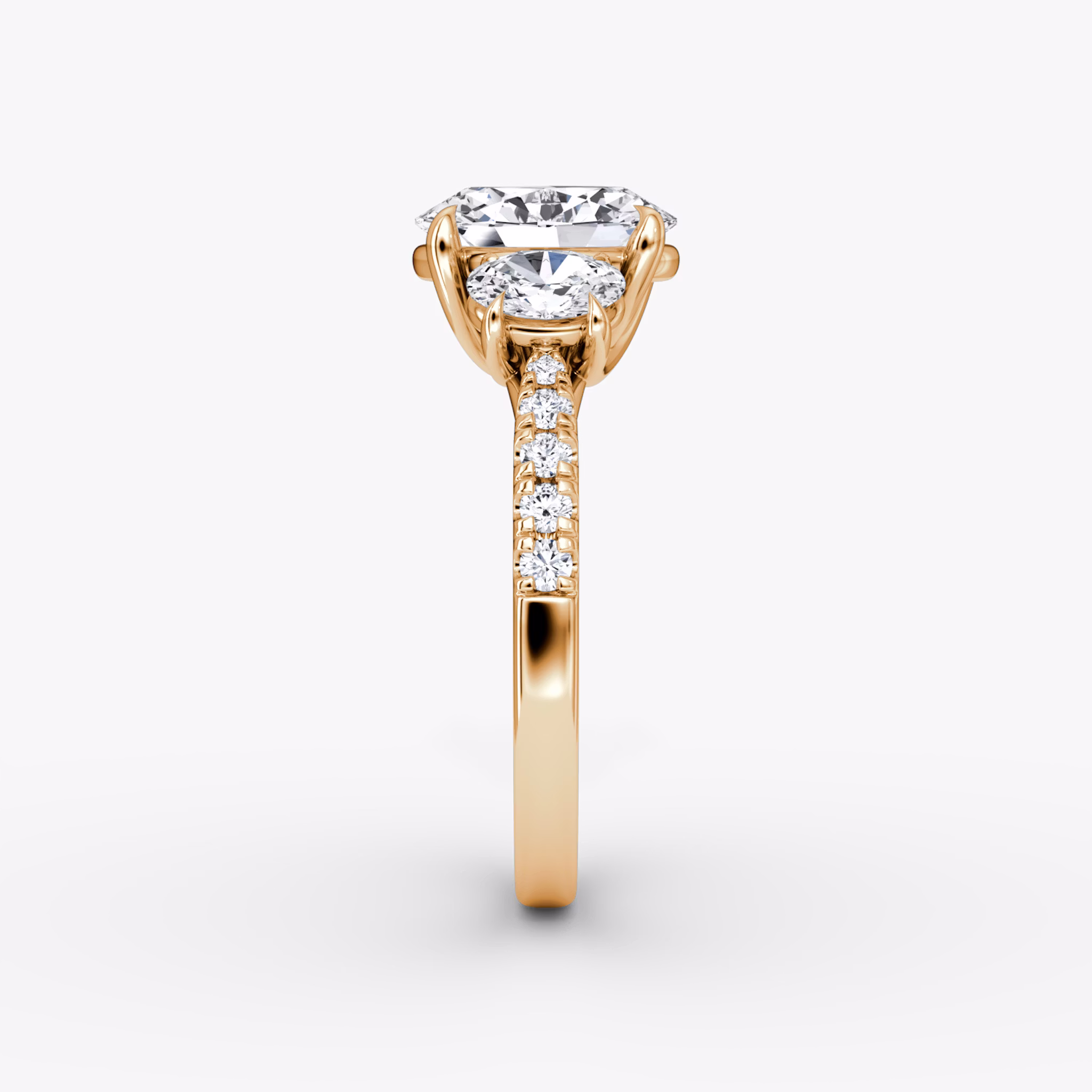 The Trellis Three Stone | Oval | 14k | Rose Gold | bandAccent: Pavé | diamondOrientation: vertical | caratWeight: other