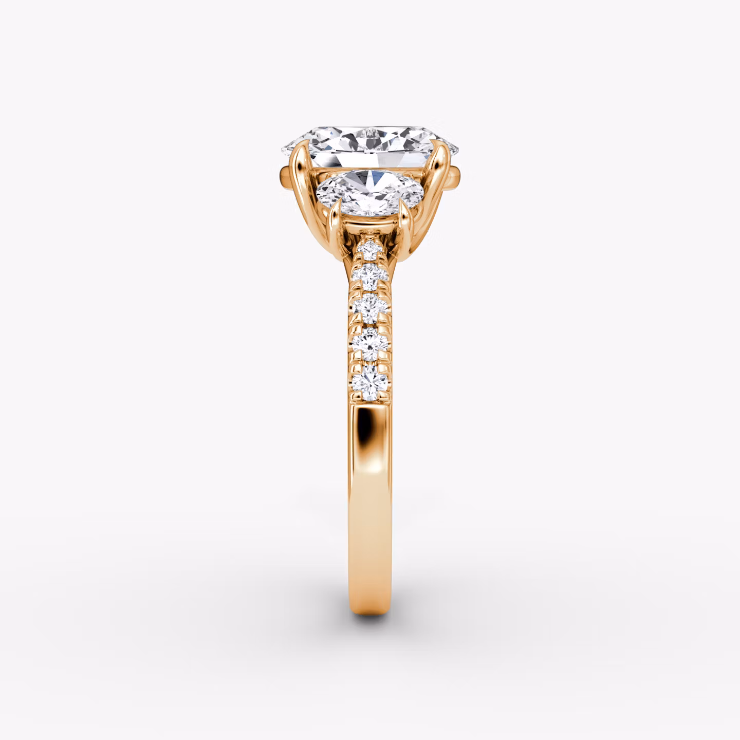 The Trellis Three Stone | Oval | 14k | Rose Gold | bandAccent: Pavé | diamondOrientation: vertical | caratWeight: other